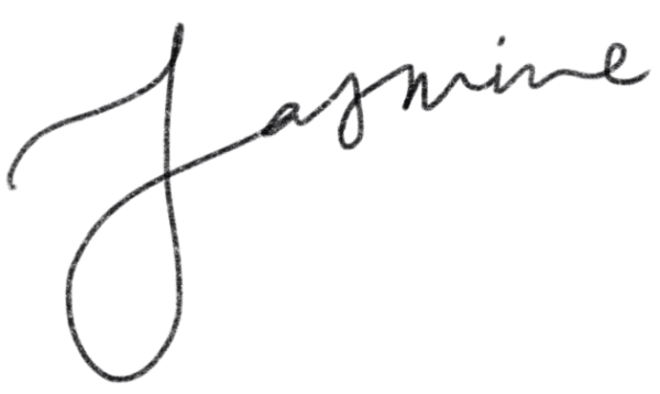 hand lettered signature of "Jasmine" written in black pen on a white background