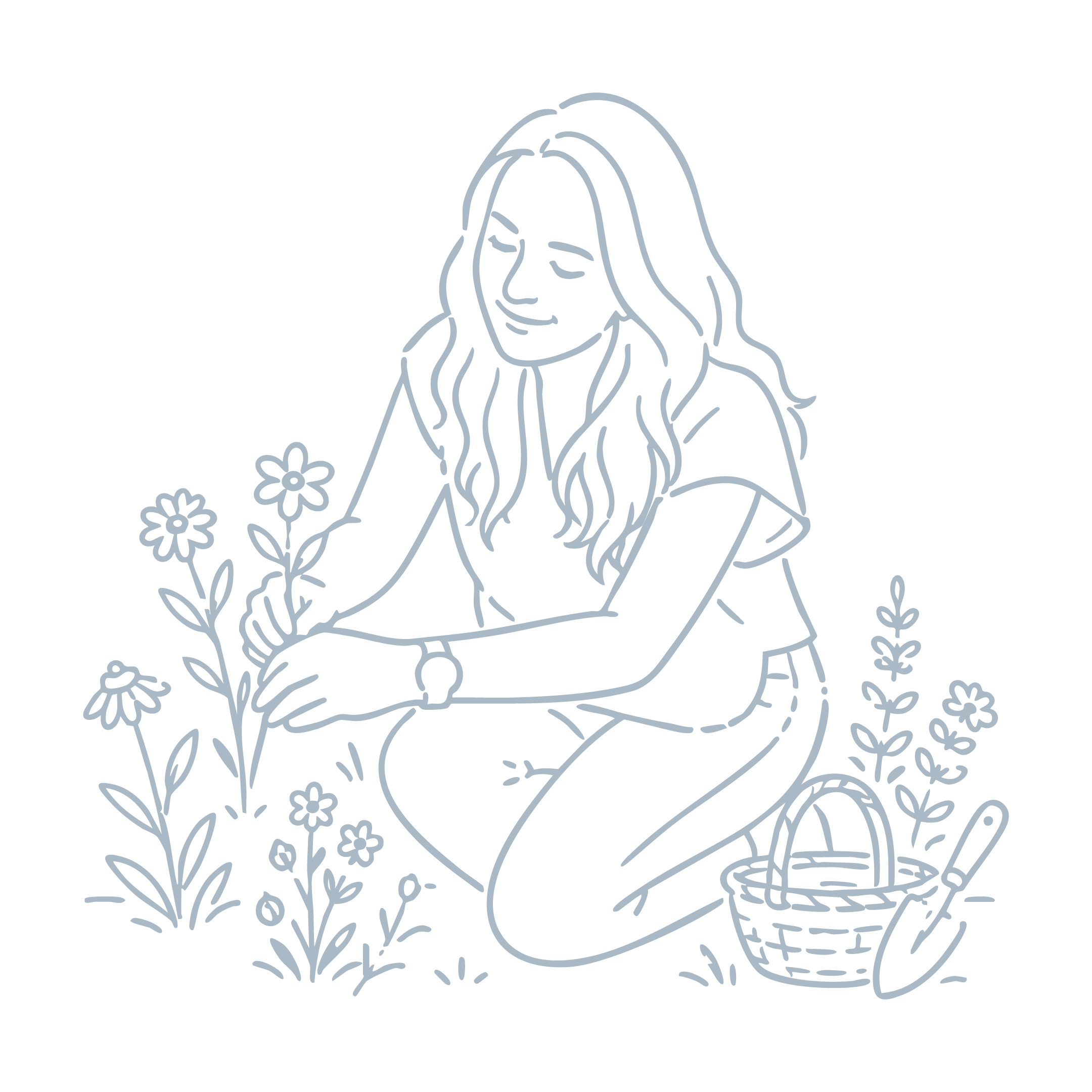 Line drawing of a woman with long hair sitting among flowers, holding flowers in her hands, with a basket beside her.
