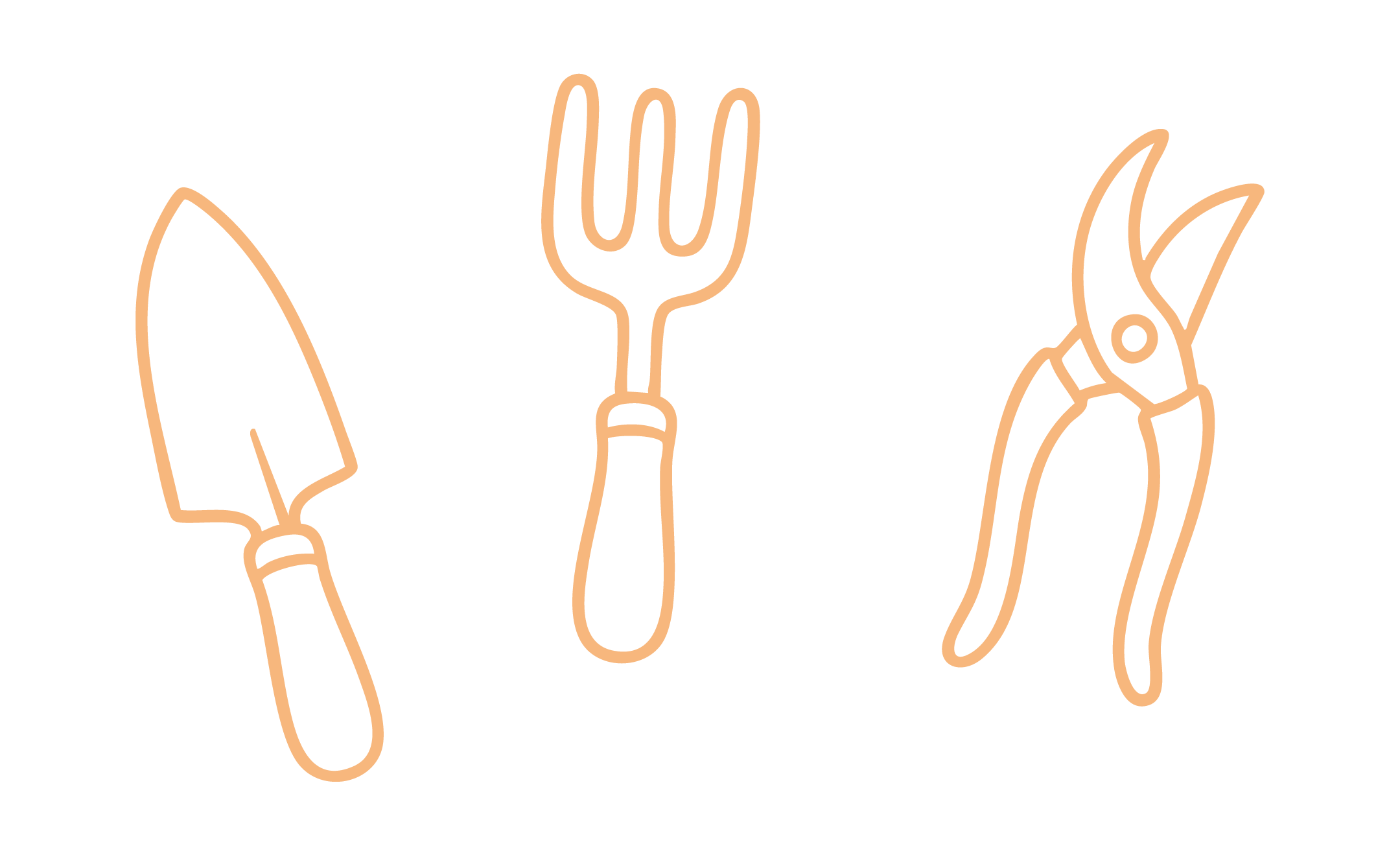 Line drawing illustration of three hands holding various kitchen tools: a knife, a spatula, and a pair of scissors, in a neon style design.