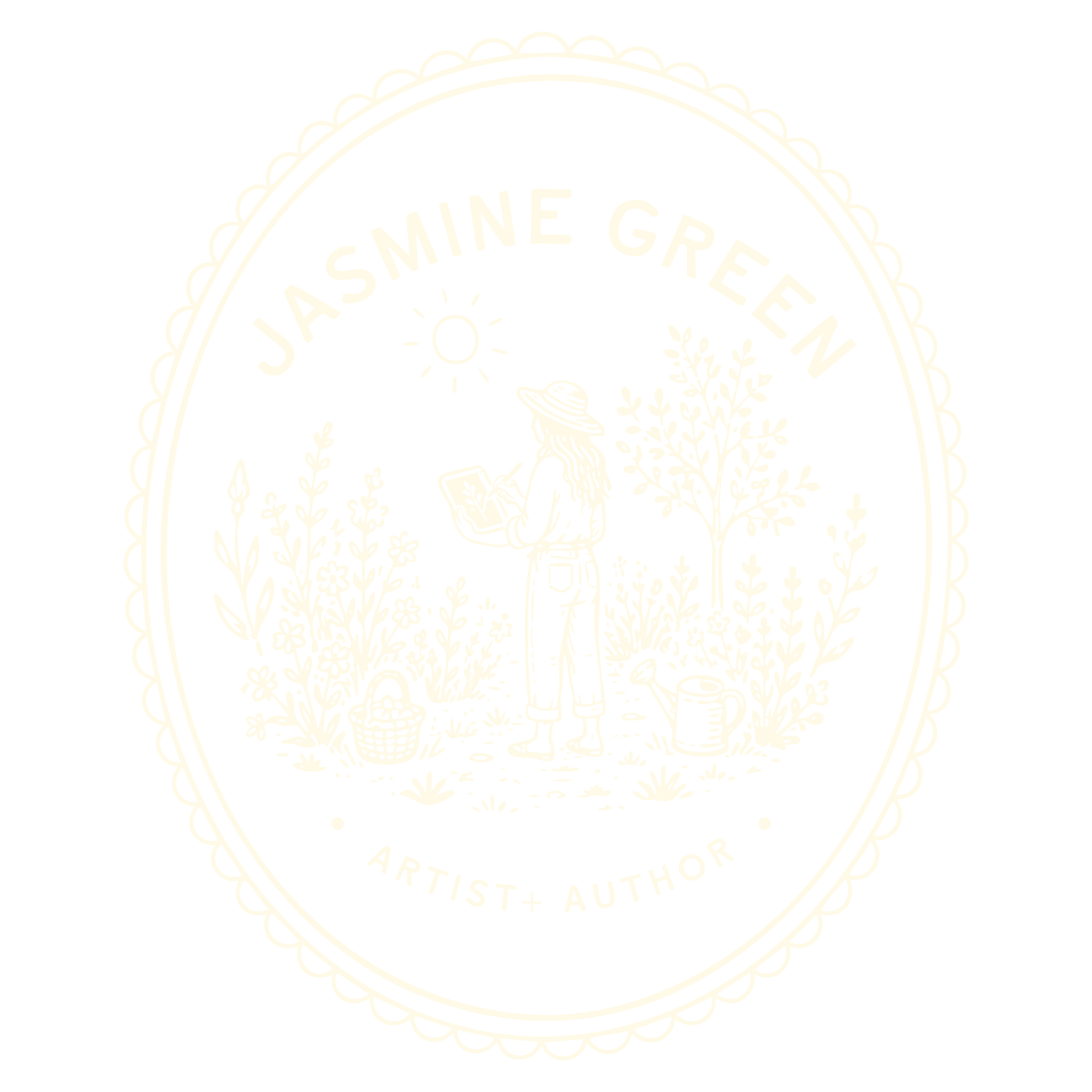 A circular logo with a decorative border, featuring the name 'JASMINE GREEN' and 'ARTIST + AUTHOR' surrounding an illustration of a woman with long hair, sitting outdoors with a watering can, her hat, surrounded by plants and flowers, with a small sun in the background.