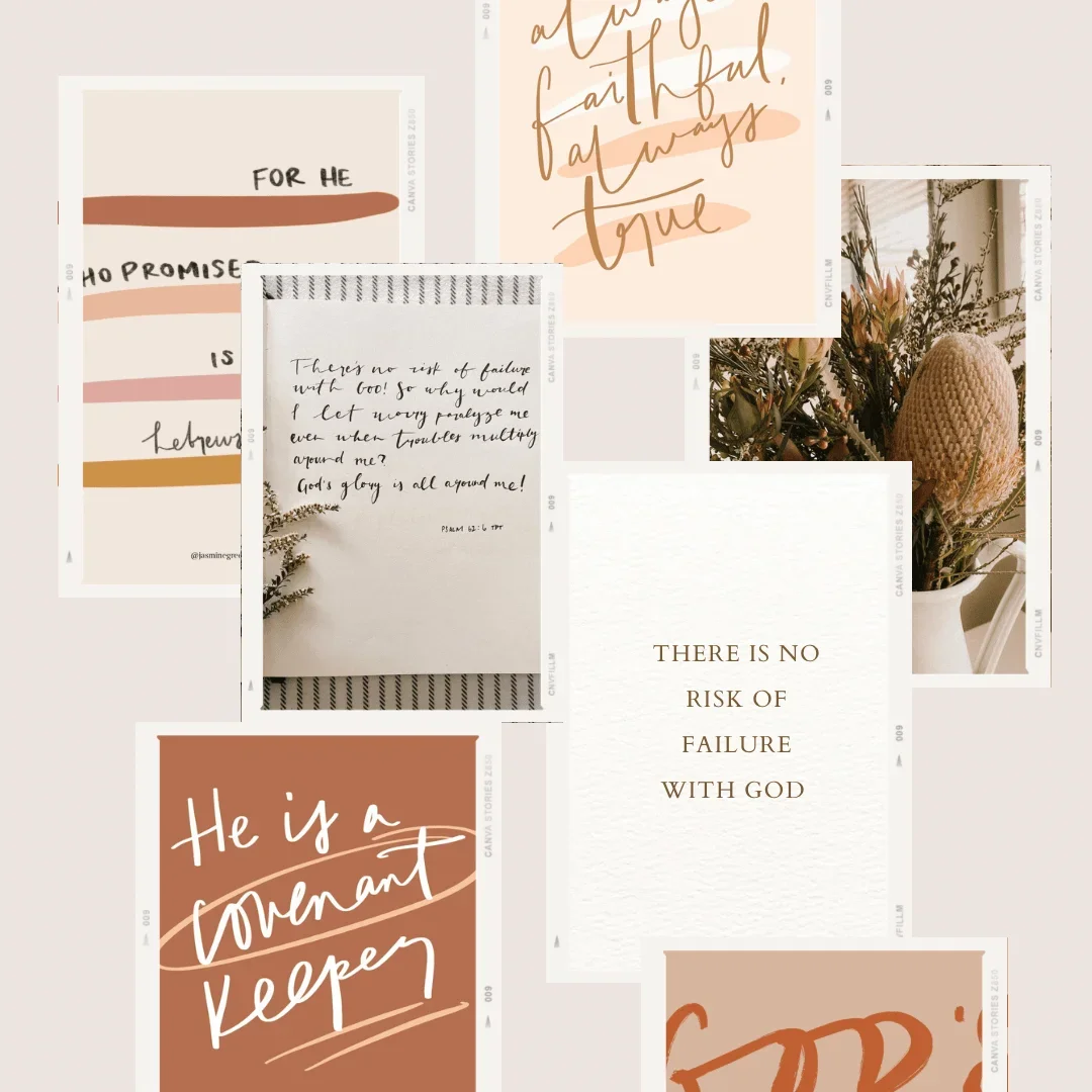 A collage of motivational and faith-based quotes with earthy tones, including phrases like 'There is no risk of failure with God,' 'He is a covenant keeper,' and 'Trust God full of hope,' along with a photo of a plant arrangement in a white vase.