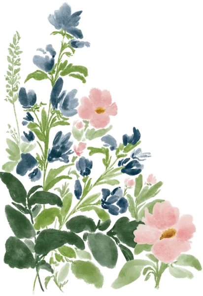 Original watercolor painting artwork by Jasmine Green of pink and blue flowers with green leaves.