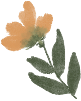 Watercolor illustration by Jasmine Green  of a peach-colored flower with green leaves and a blue background.