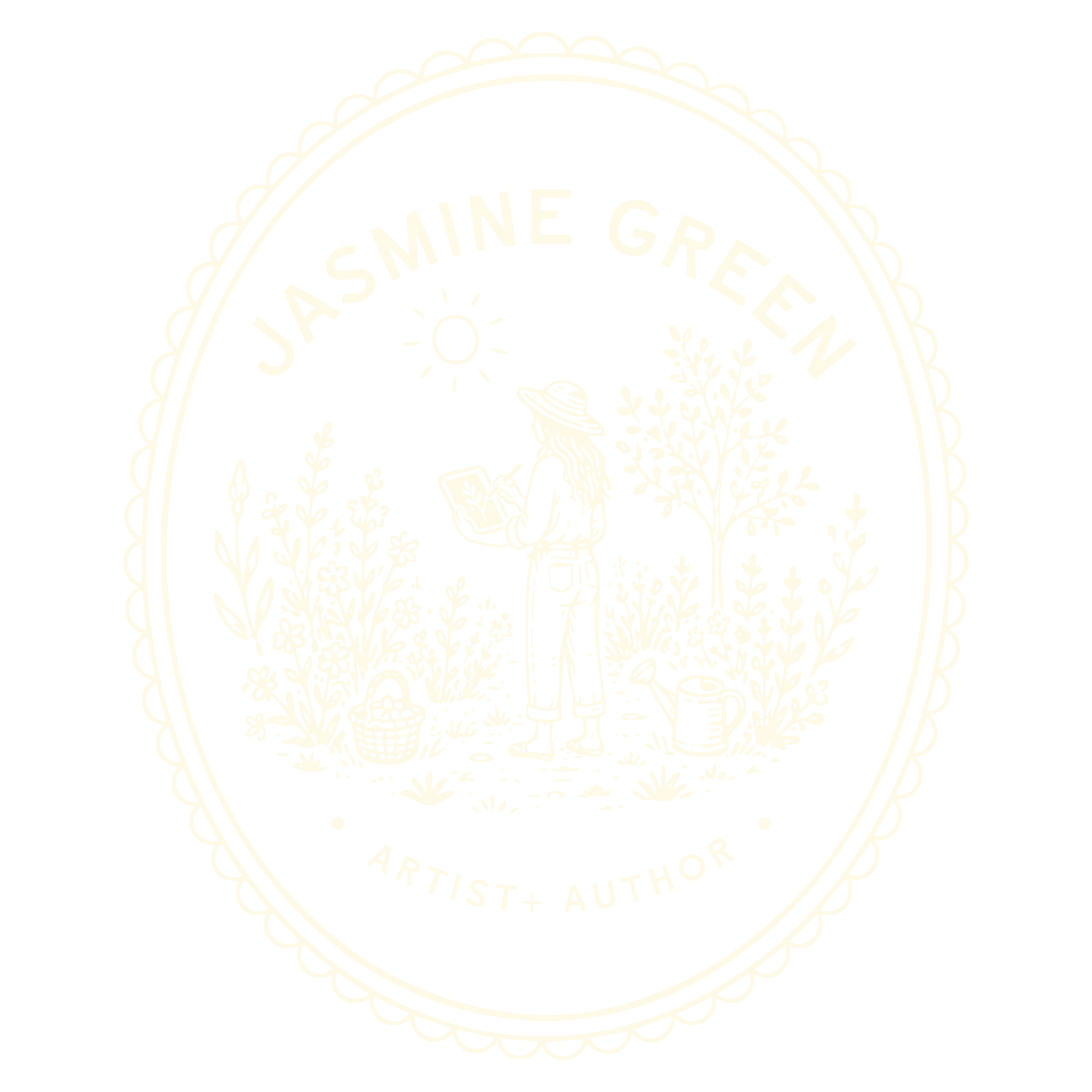 A circular black and white logo with the text 'Jasmine Greeen' at the top and 'Artist + Author' at the bottom. The design features a woman with long hair, wearing a hat, holding a book, with plants and flowers around her.
