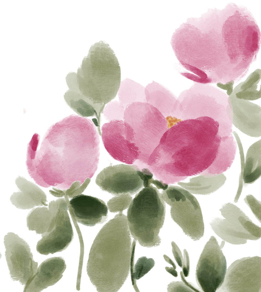 Watercolor painting by Jasmine Green of pink and red roses with green leaves.
