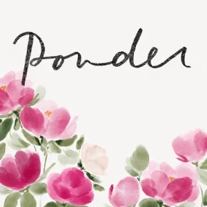 The word 'Ponder' written in black cursive script with pink and green floral decorations at the bottom.