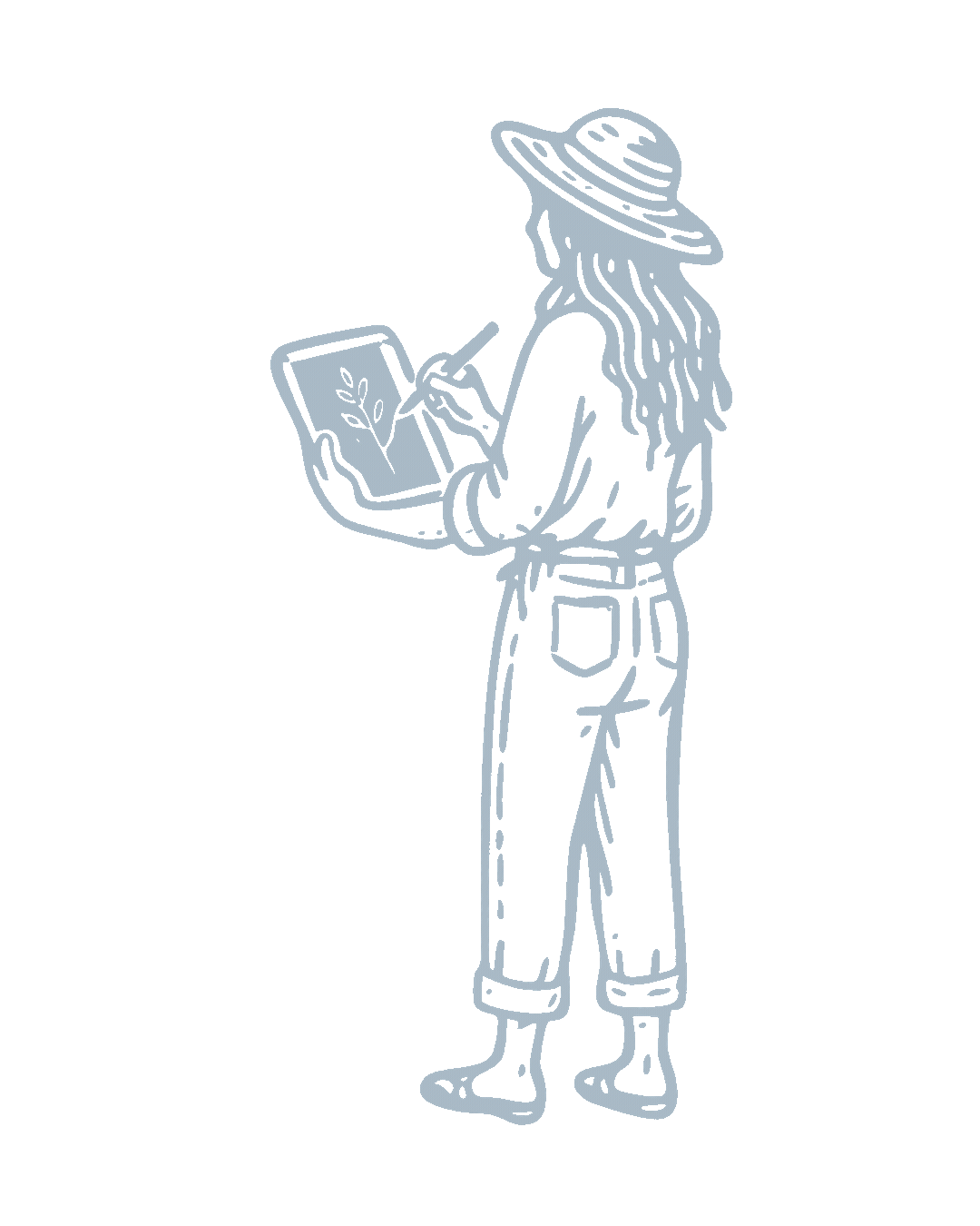 Illustrated drawing outline of Jasmine Green wearing a sun hat and casual clothes, holding an iPad while drawing.