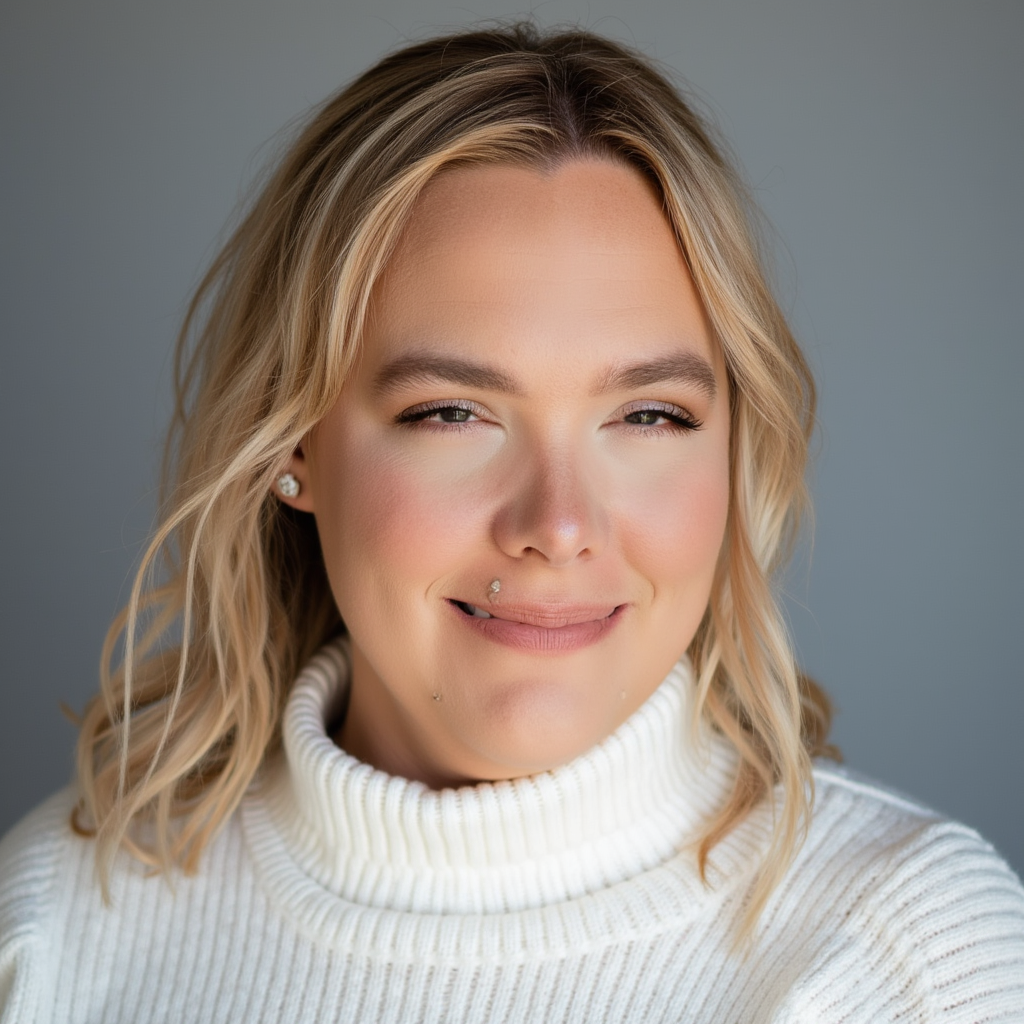 Close-up of a woman with blonde wavy hair, wearing a white turtleneck sweater and small earrings, smiling slightly against a gray background.