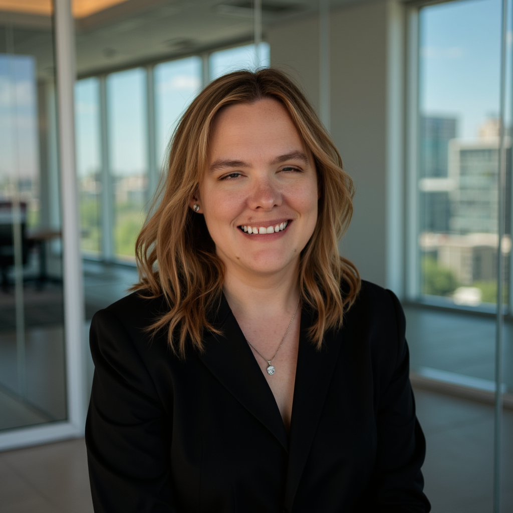 A woman with light brown, shoulder-length hair, smiling and wearing a black blazer and a necklace, sitting in a modern office with floor-to-ceiling windows and a city view.