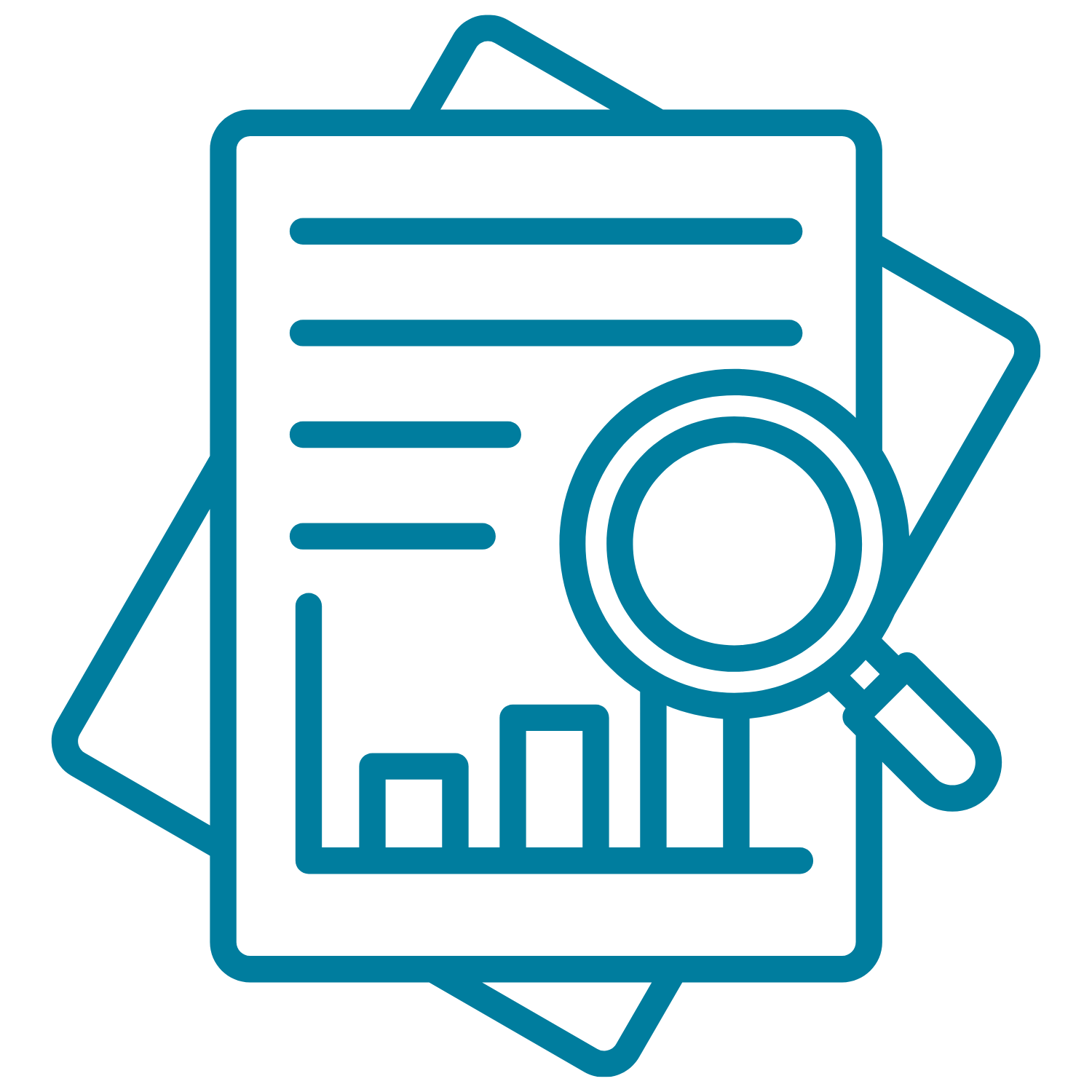 Outline of a document with bar graphs, a page with lines of text, and a magnifying glass, representing research or analysis documents.