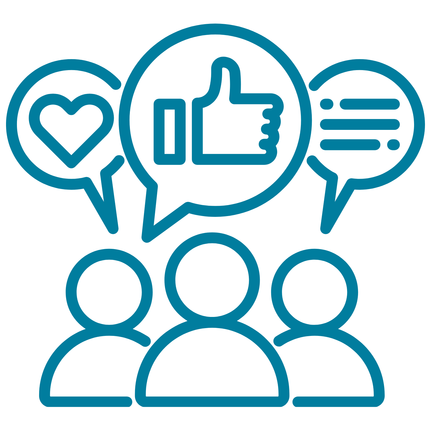 Line drawing of a group of people with speech bubbles above them, one containing a heart, another a thumbs-up, and another lines of text, indicating communication or social interaction.