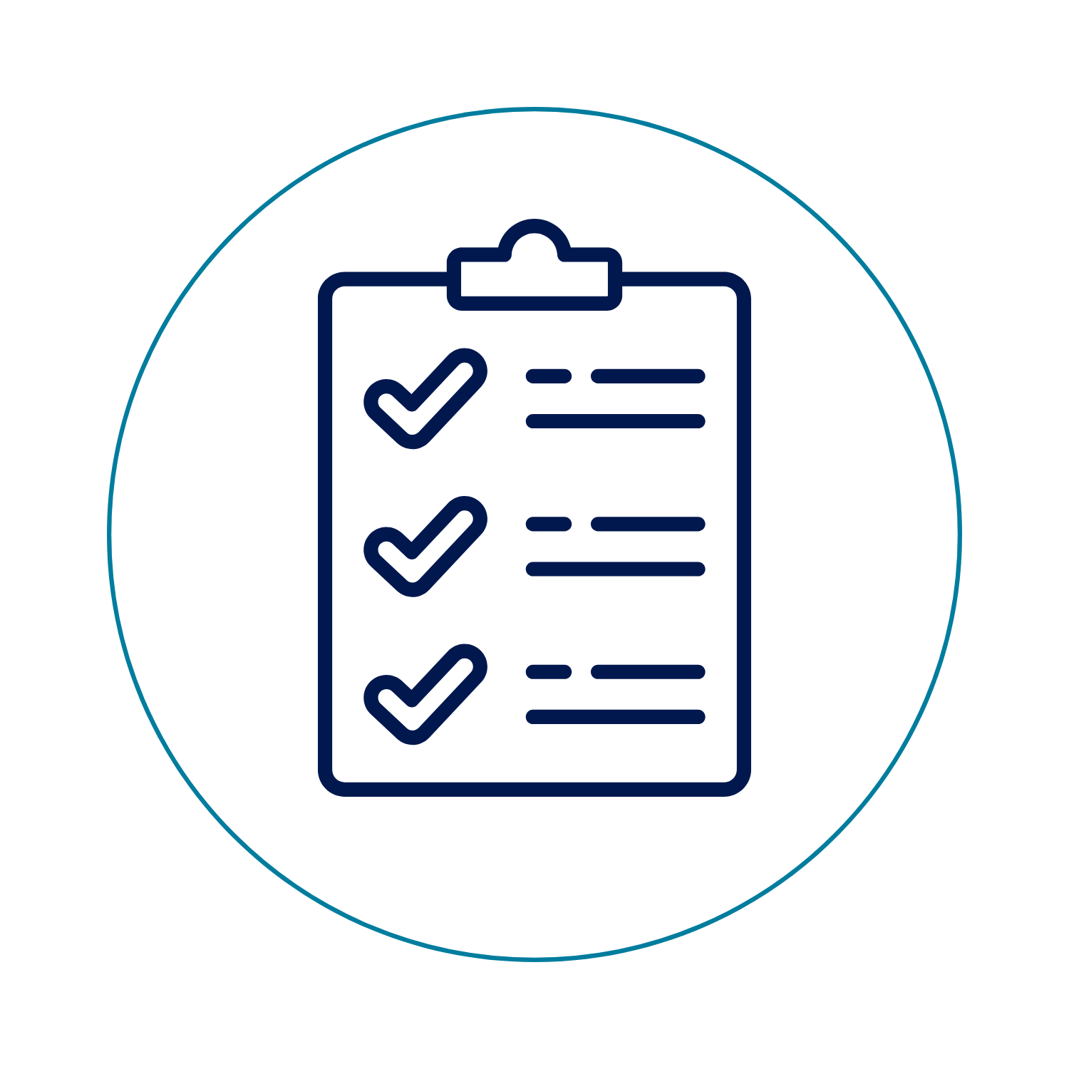 Outline of a clipboard with three checkmarks and lines indicating text, encircled by a light blue circle.