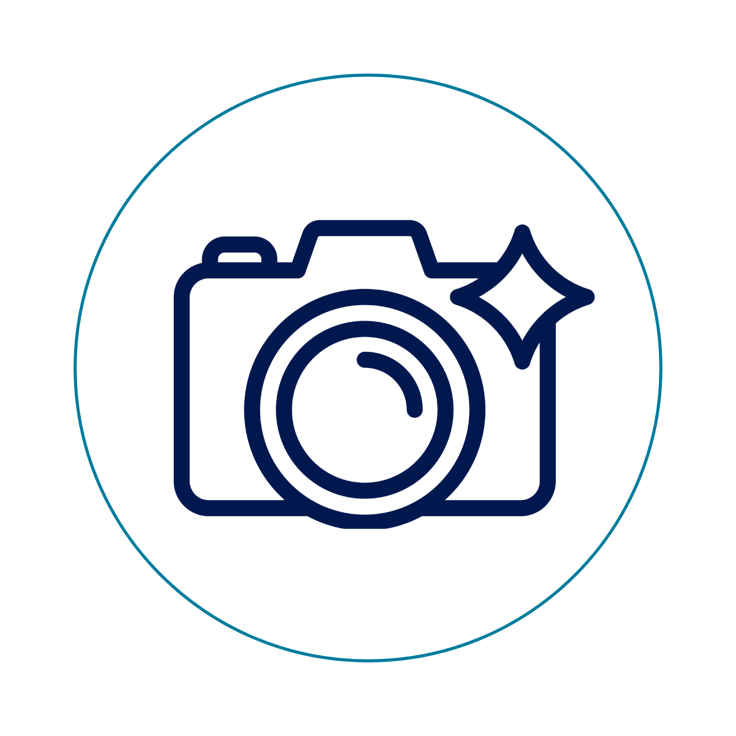 Graphic icon of a camera with a sparkle, outlined in blue inside a blue circle.