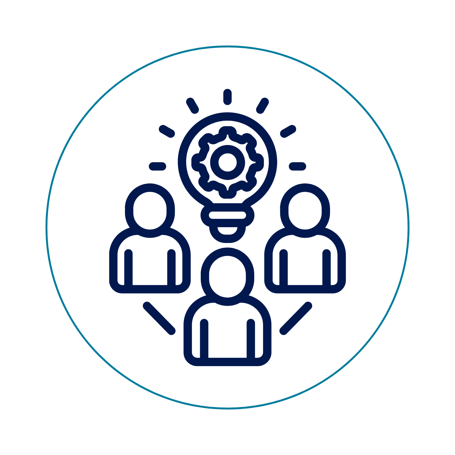 Illustration of three people with a light bulb above their heads, symbolizing teamwork and ideas, inside a circle.
