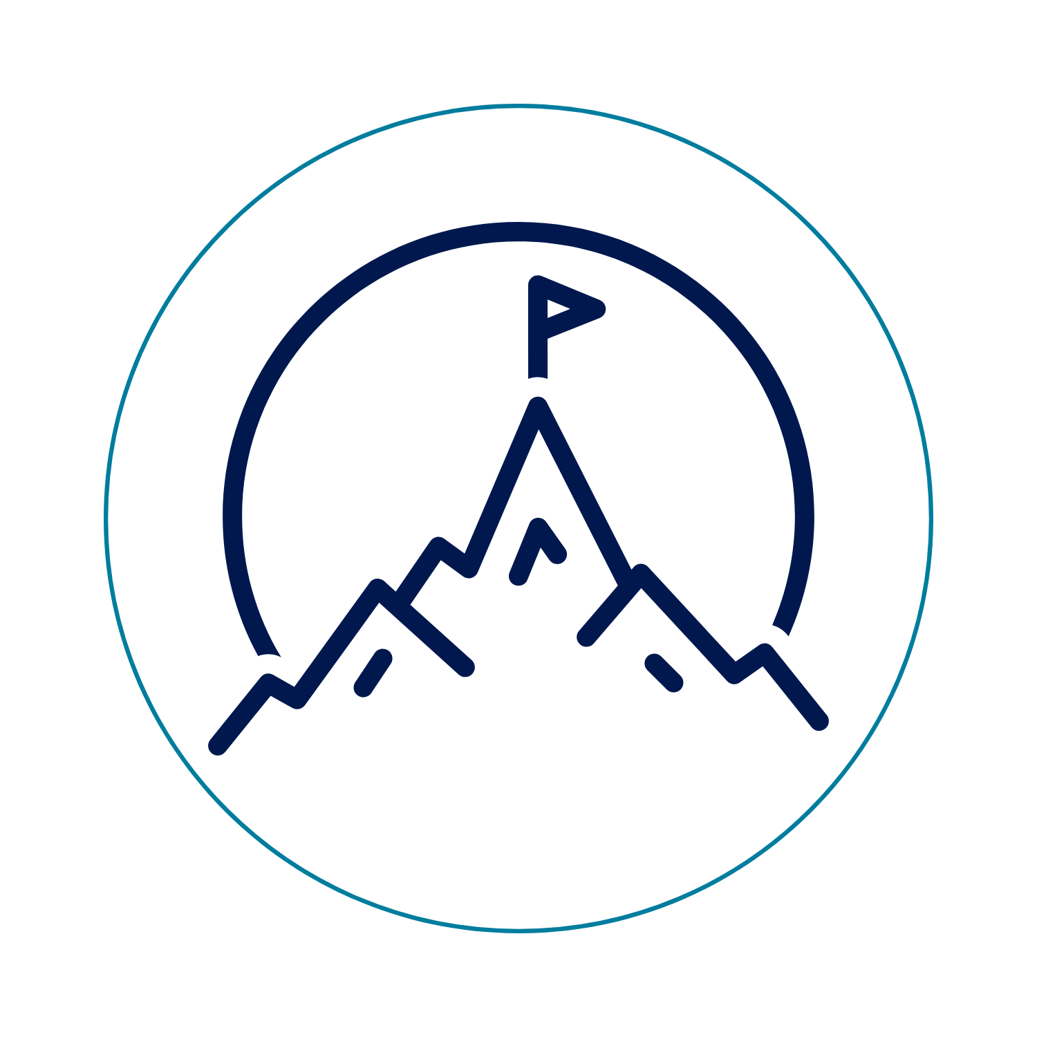 Line art of a mountain range with a flag at the summit, enclosed in a circle, representing mountain climbing or peak achievement.