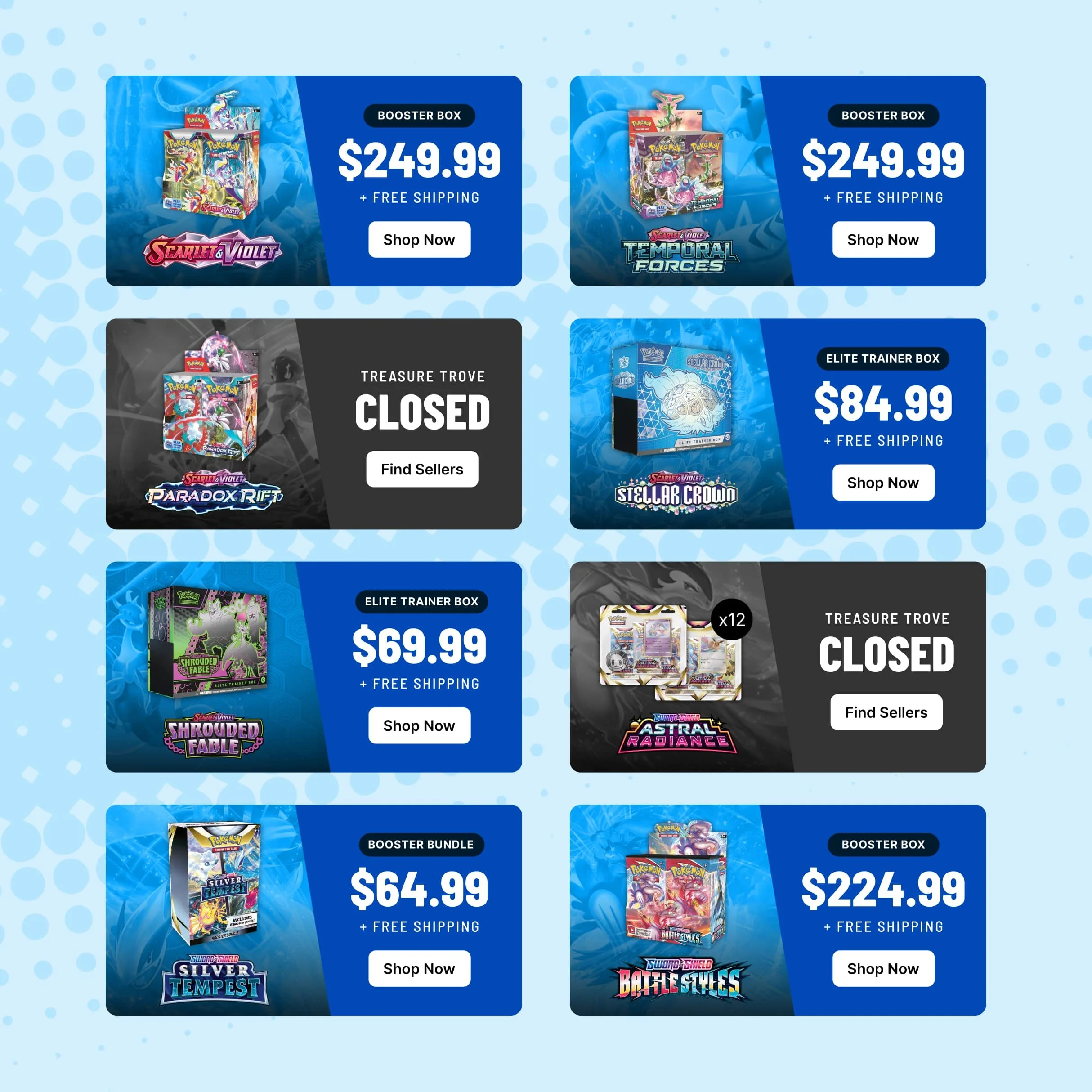 Page tiles for special promotional deals, showing various Pokémon-themed booster boxes with prices and shop buttons on a blue background.