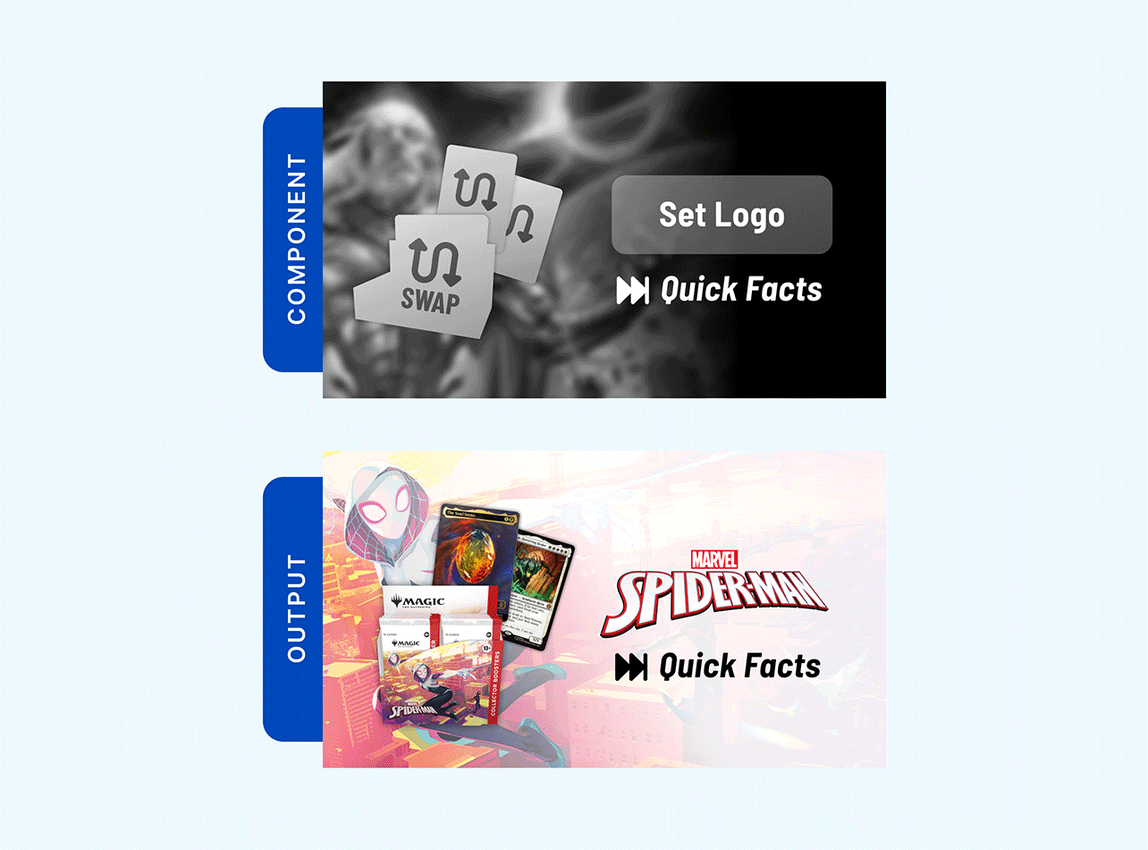 B2B design system example showing a grayscale template for general set information content above and multiple examples of completed asset execution below.