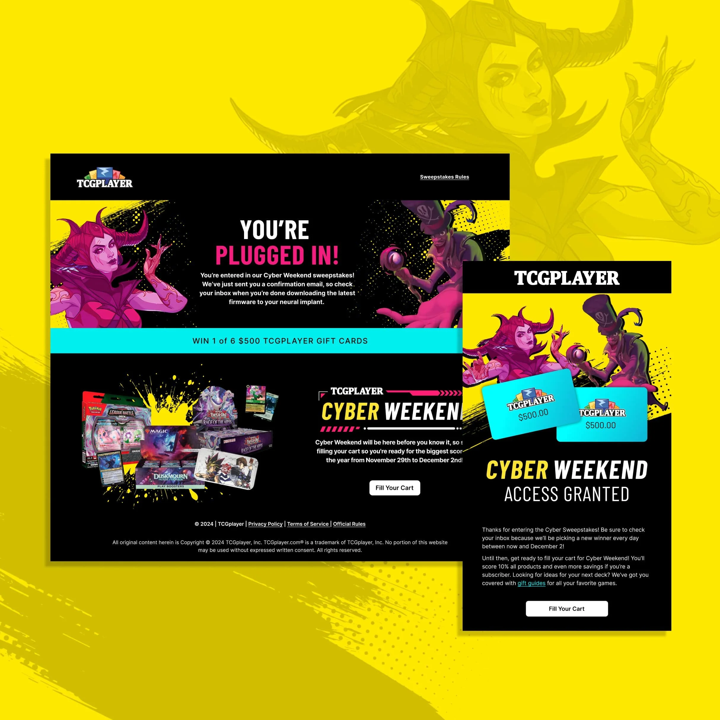 A promotional webpage for the TCGPlayer Cyber Weekend sweepstakes featuring vibrant animated characters, gift card images, and text about contest rules and prizes.