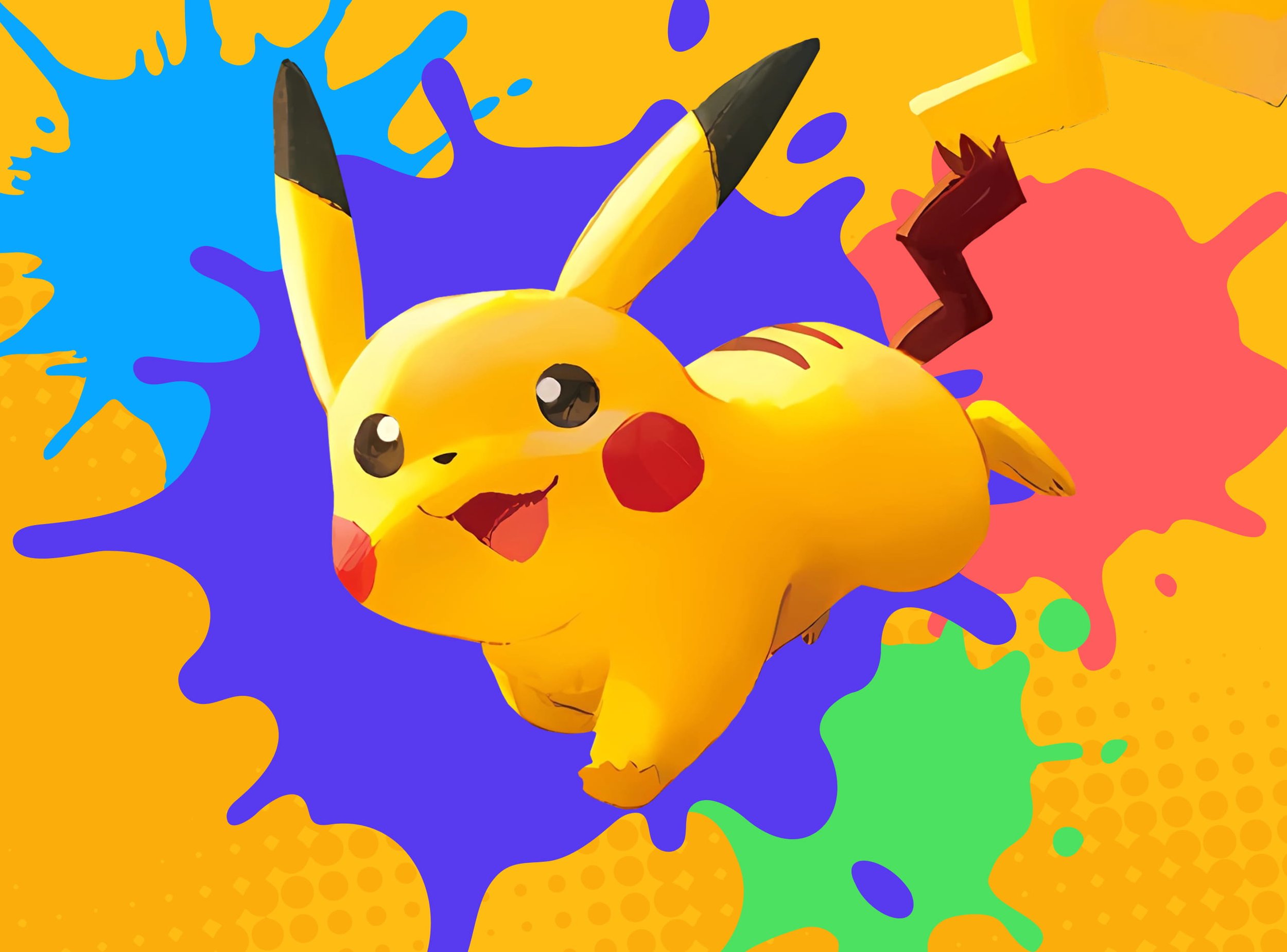Pikachu animated character leaping across an energetic paint-splatter background in yellow, indigo, blue, red, and green.