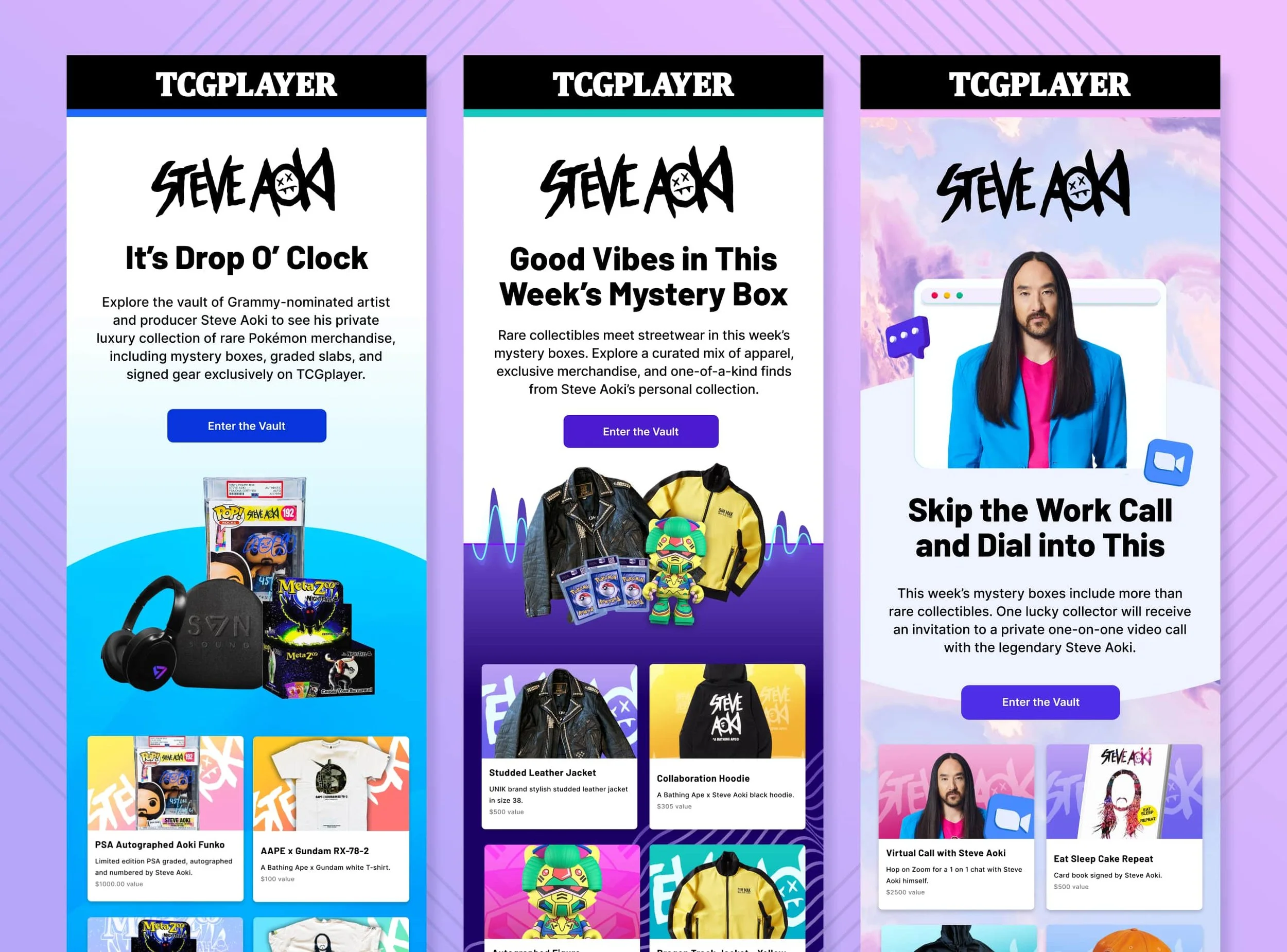 Three Steve Aoki campaign emails showcasing weekly merchandise drops, mystery boxes, and a video-call promotion in a purple-and-blue branded layout.