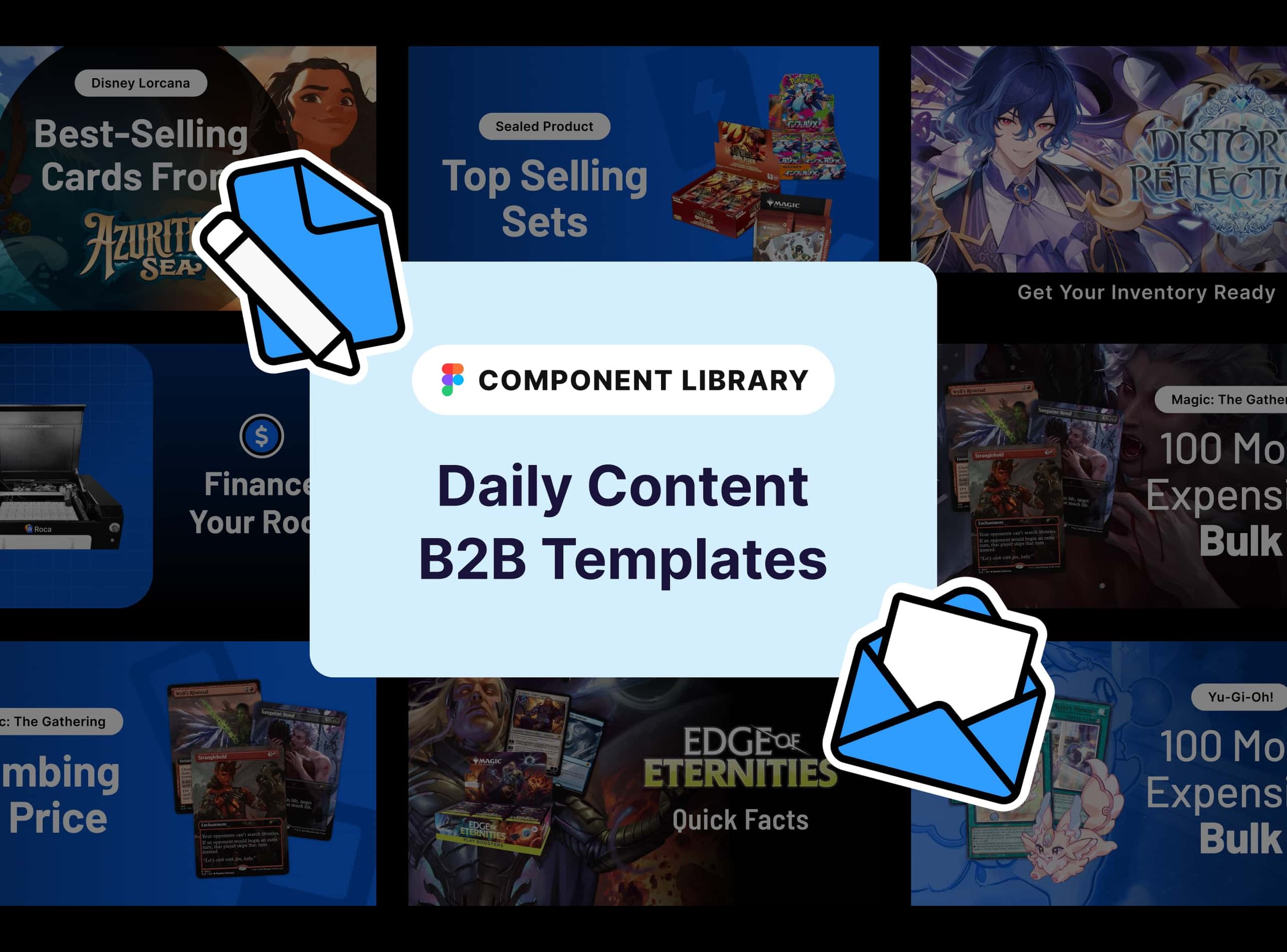 Collage of TCGplayer email and blog marketing templates behind a graphic labeled Daily Content B2B Templates.