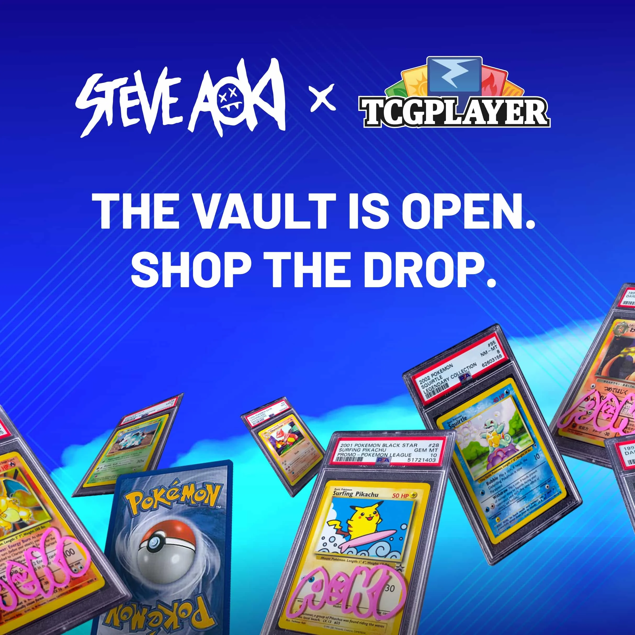 Steve Aoki x TCGplayer campaign ad featuring Steve Aoki, graded Pokémon cards, and messaging encouraging urgency to shop the collection.