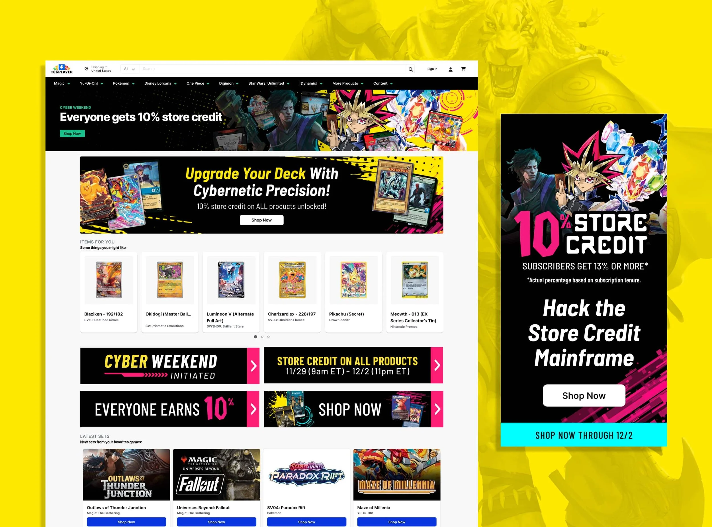 Online store homepage featuring trading cards and game merchandise, with promotional banners for discounts and product categories such as Magic, Yu-Gi-Oh!, Pokémon, and others.