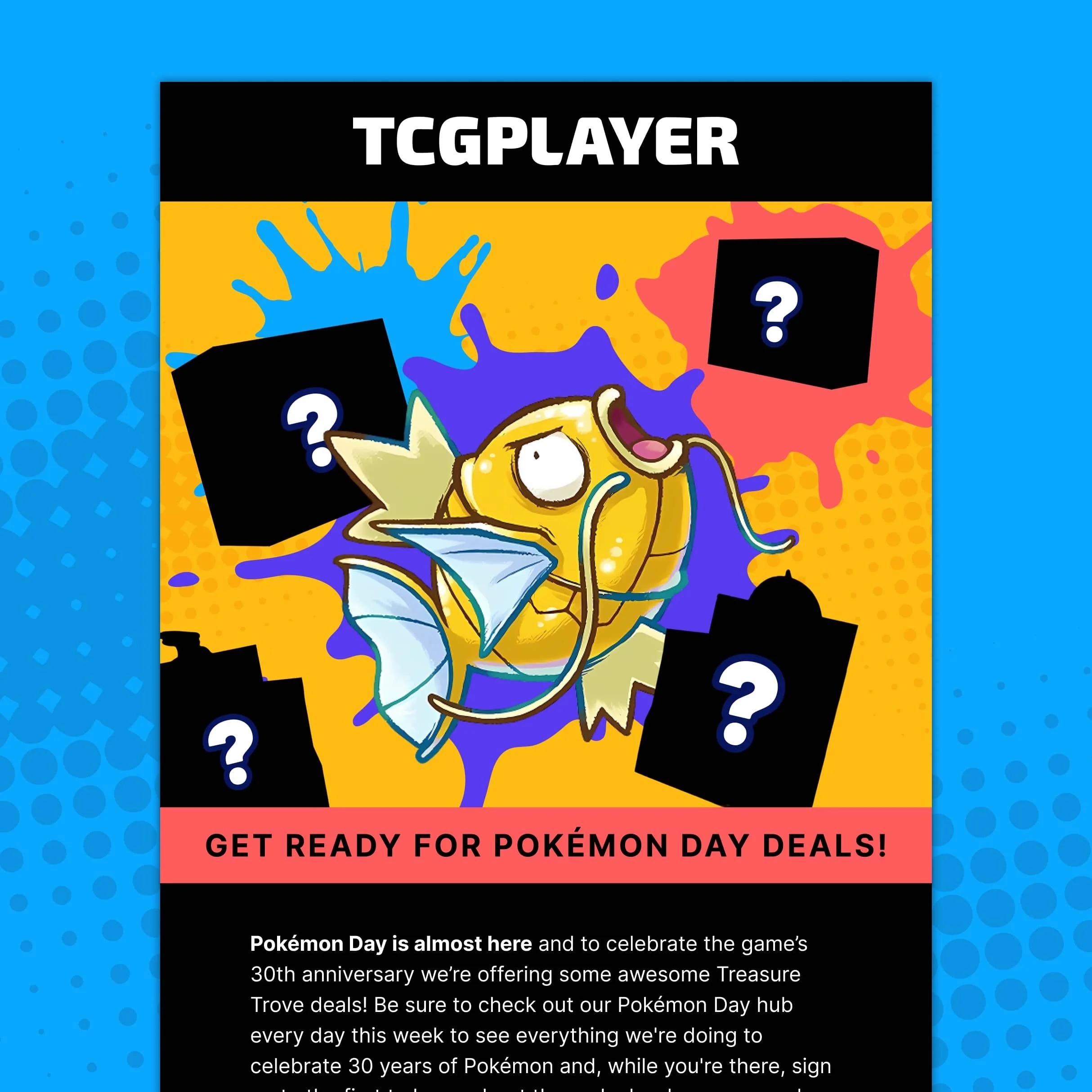 TCGplayer email design featuring a golden Magikarp surrounded by paint splattter and undisclosed 'mystery' product boxes.