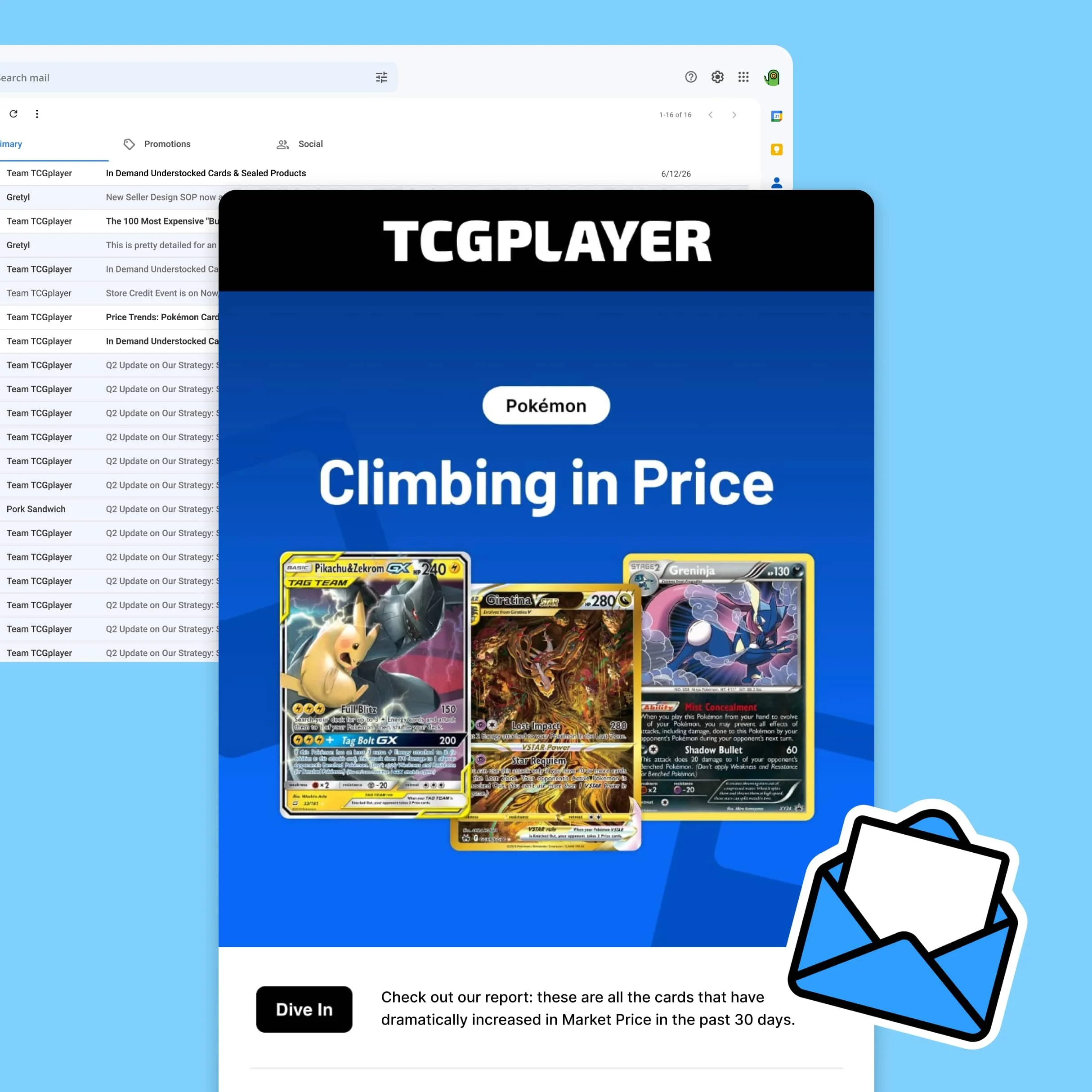 Completed TCGplayer B2B email execution showing a Pokémon ‘Climbing in Price’ content module within a branded email layout.