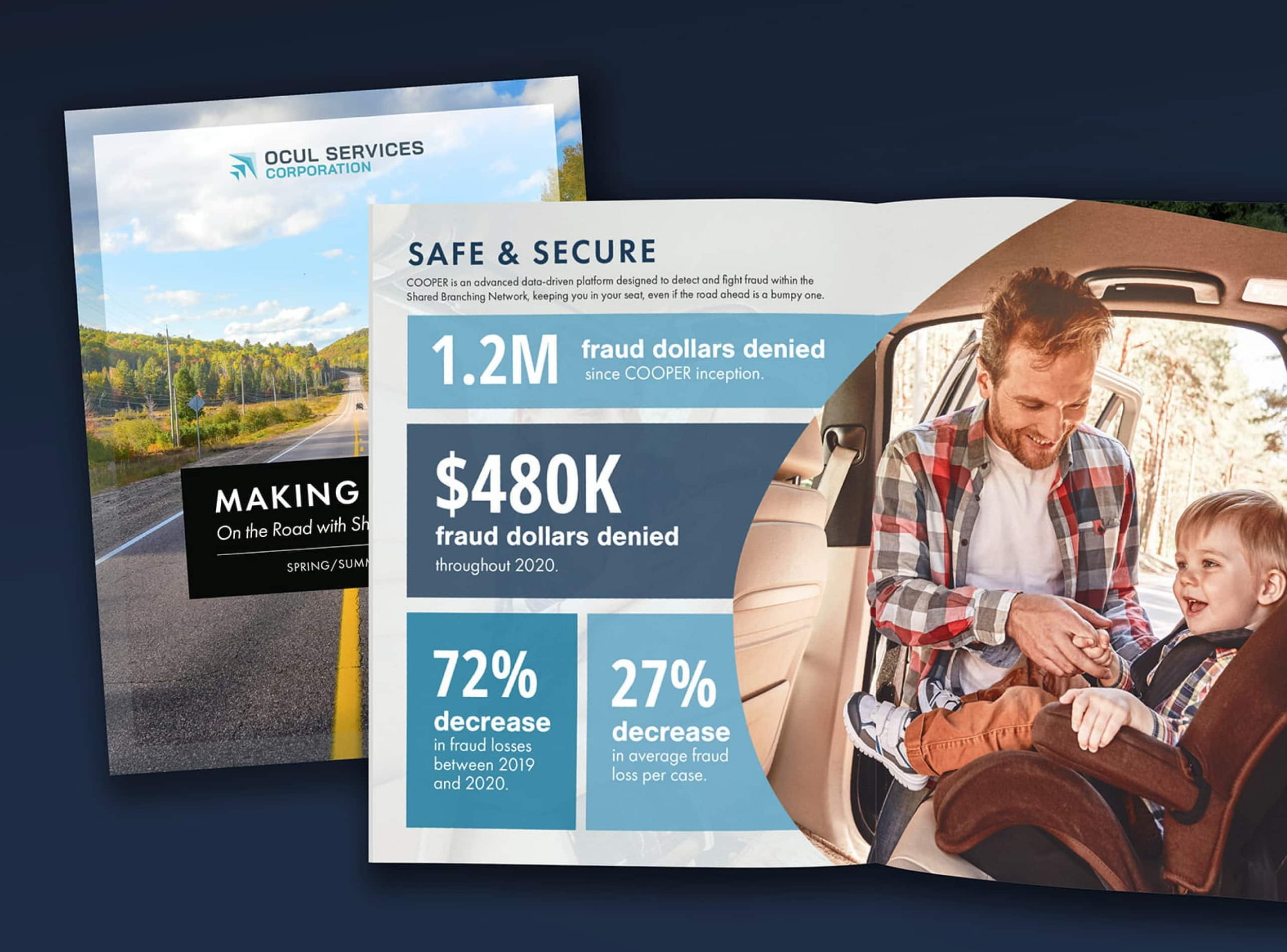 Open infographic report featuring details on security statistics alongside imagery of a traveling family.