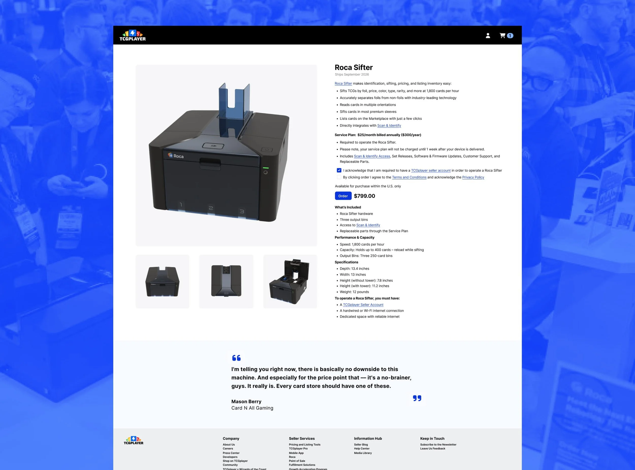 Roca Sifter Shopify product page showing product renderings, specifications, pricing, and a customer testimonial.