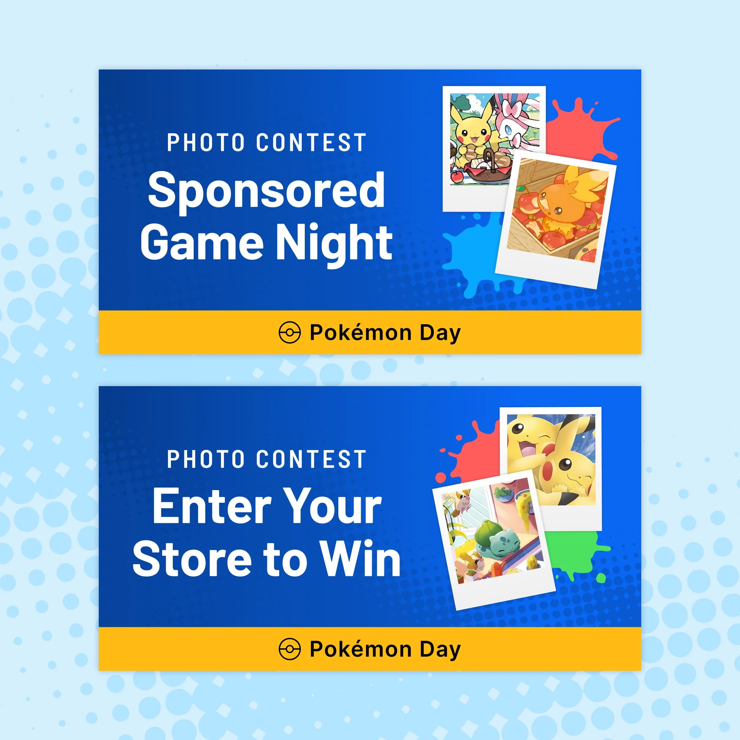 Two seller-facing graphics for Pokémon Day promoting a store photo context.