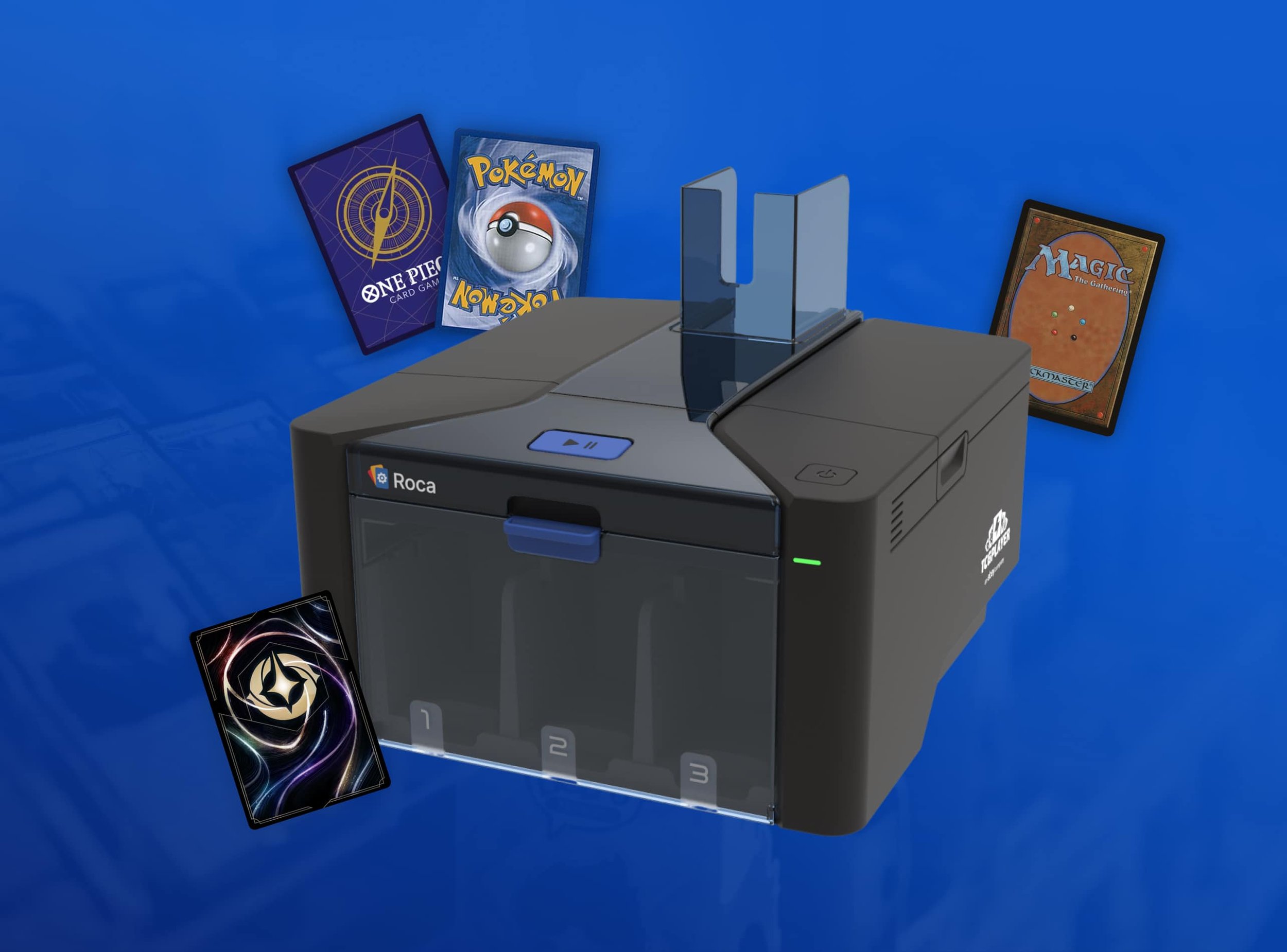 3D rendering of the Roca card-sorting machine with floating trading cards positioned around it on a blue background.