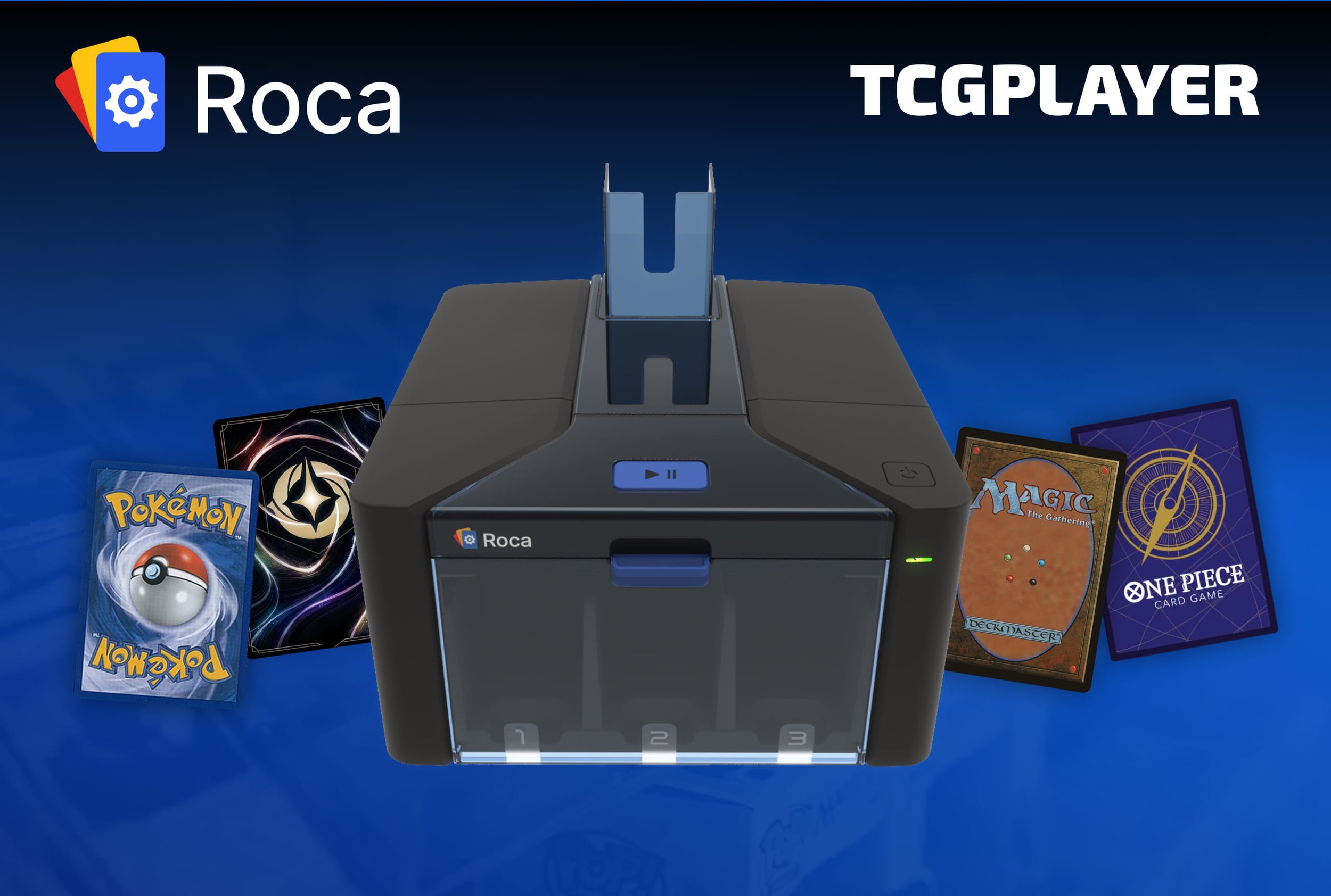 3D rendering of the Roca card-sorting machine, head on, with floating trading cards from various different games positioned around it on a blue background.