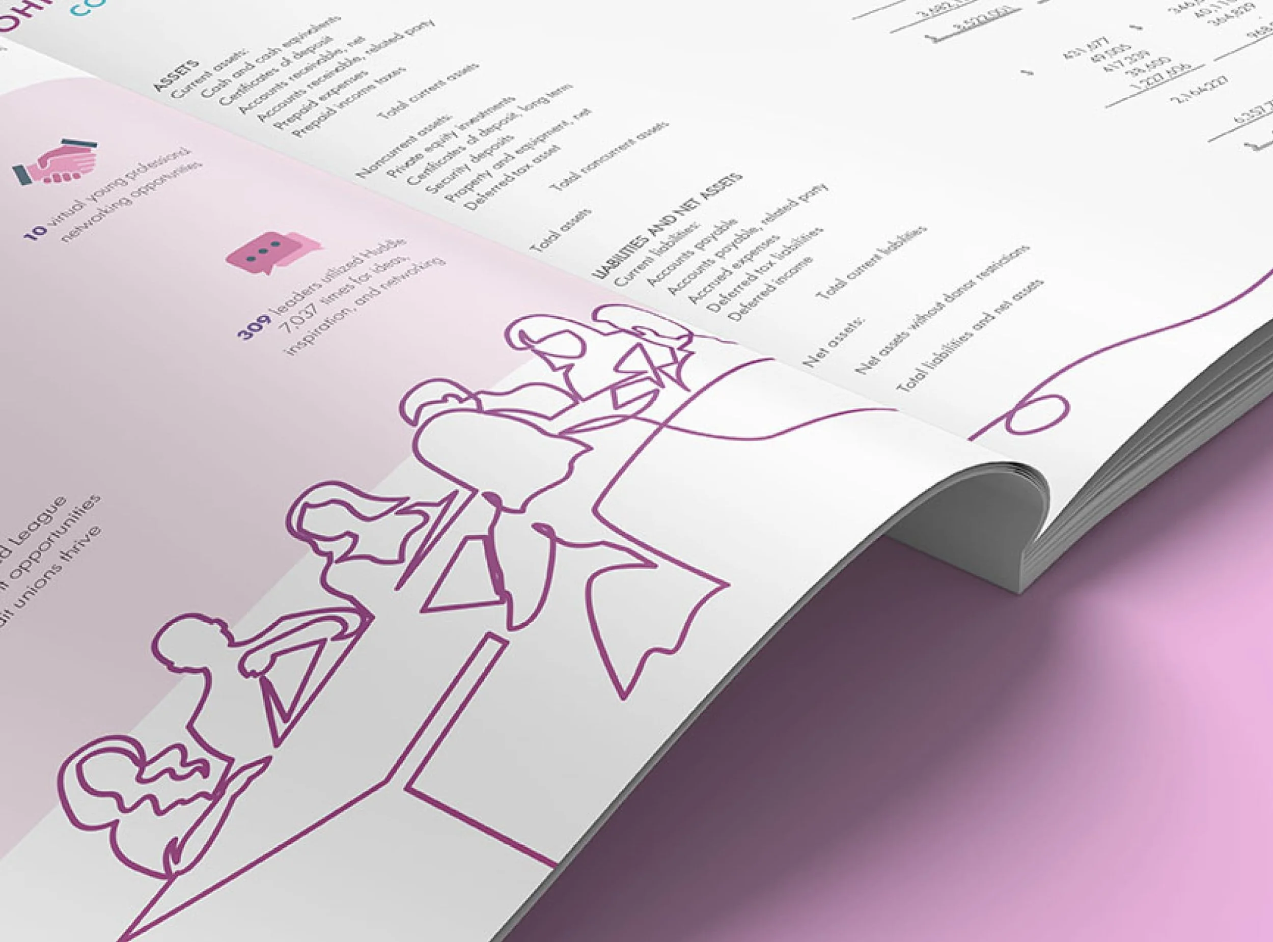 Close-up of a printed document featuring a pink and purple illustration of a girl holding a flag and a stylized handshake icon. The document contains text, charts, and numbers, likely part of a report or financial statement, with a purple border at the bottom.