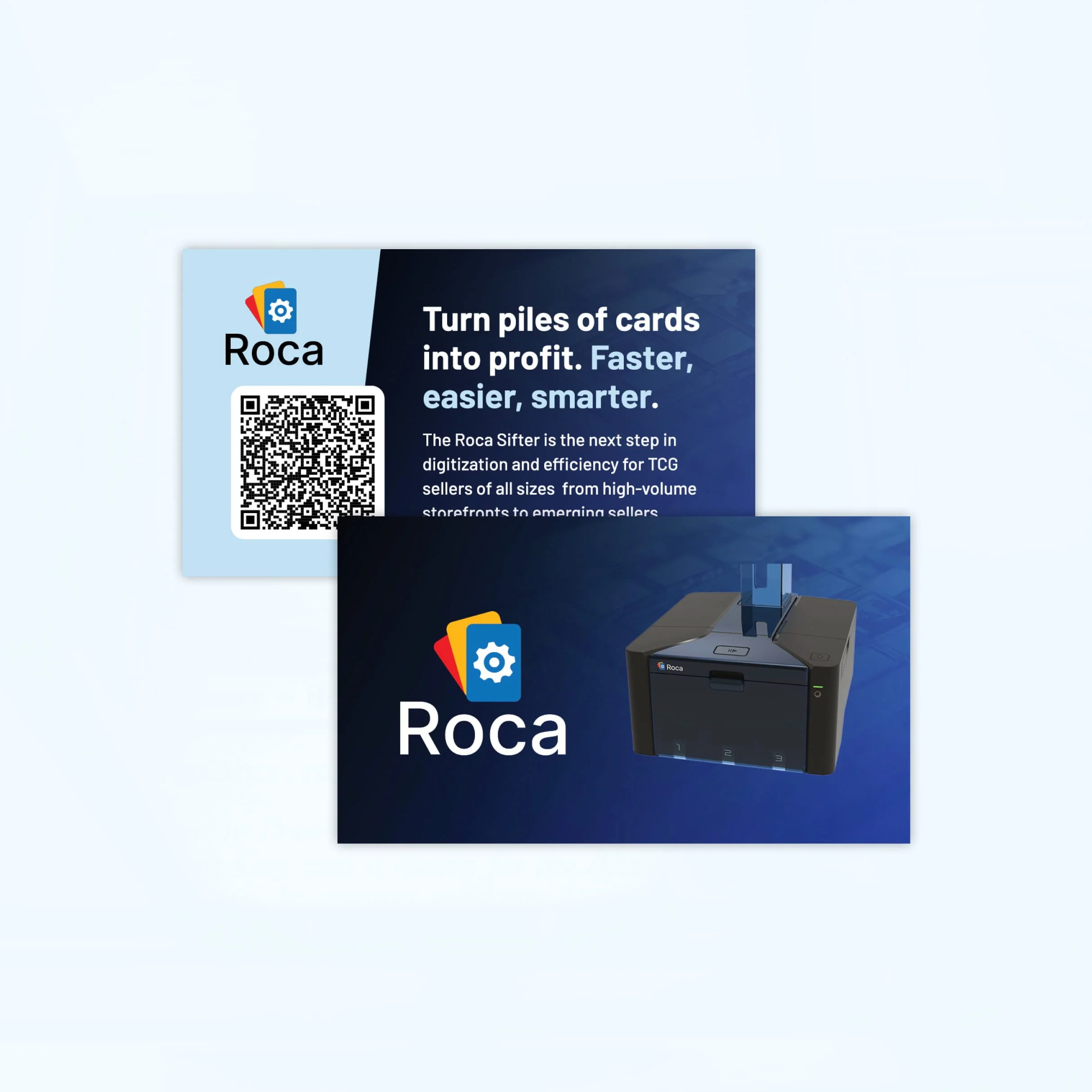Roca business card featuring the Roca Sifter, QR code, and product messaging about turning card inventory into profit.