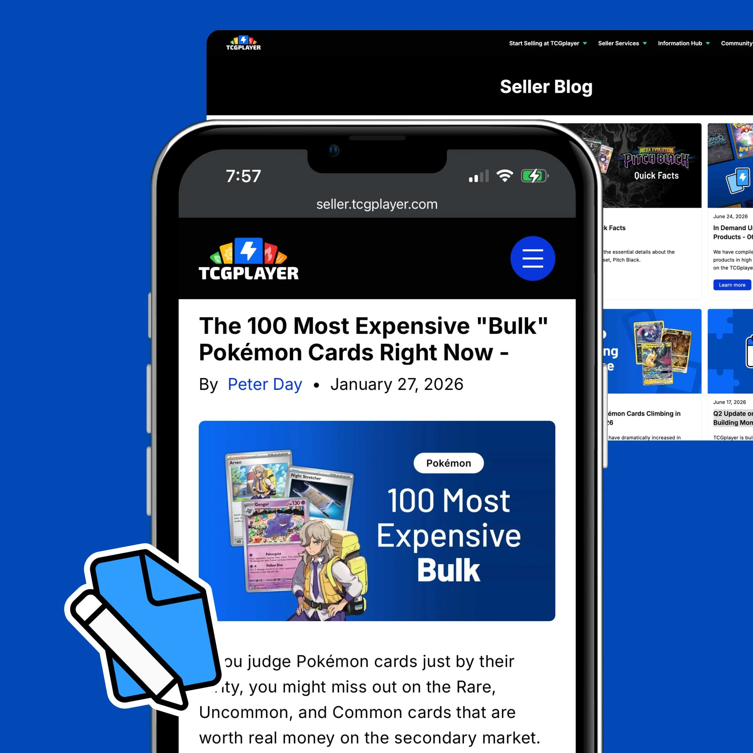 Completed TCGplayer B2B webpage execution showing a Seller Blog article with a ‘100 Most Expensive Bulk’ Pokémon content graphic.