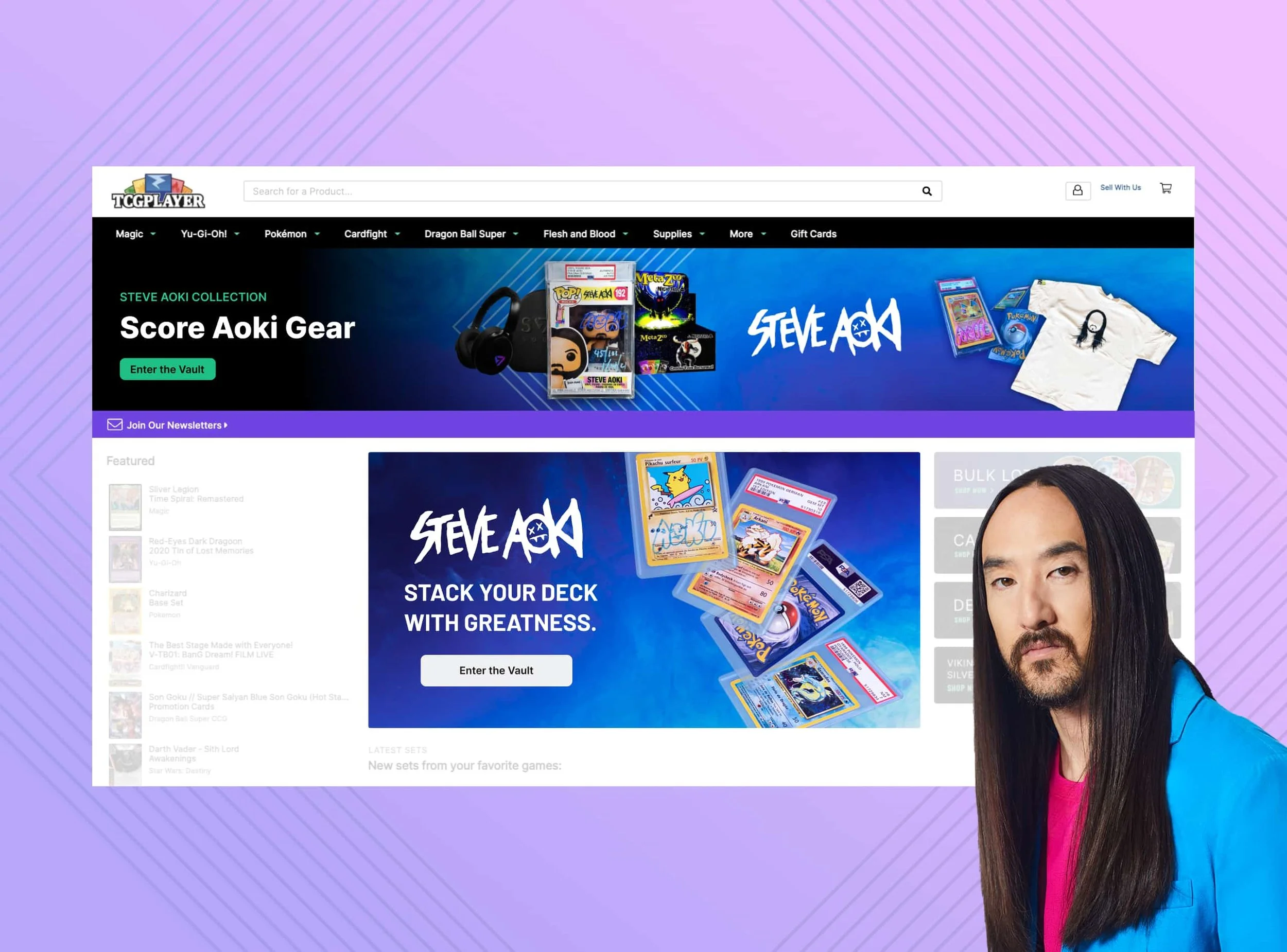 A marketplace homepage mockup of the live Steve Aoki campaign, featuring products such as signed apparel and a Funko Pop. Page portions irrelevant to this campaign have been greyed out for clarity.