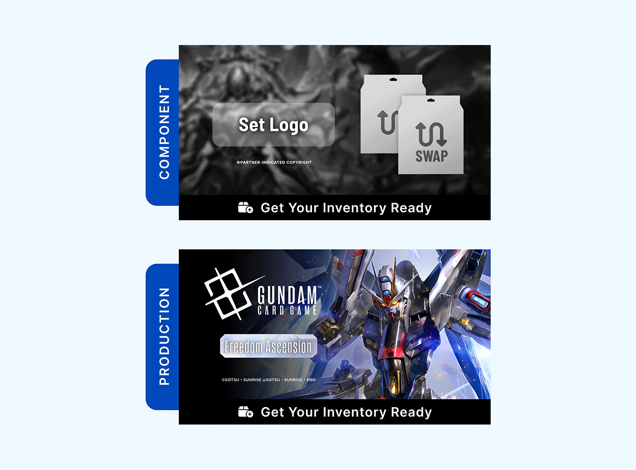 B2B design system example showing a grayscale template for branded partnership content above and multiple examples of completed asset execution below.