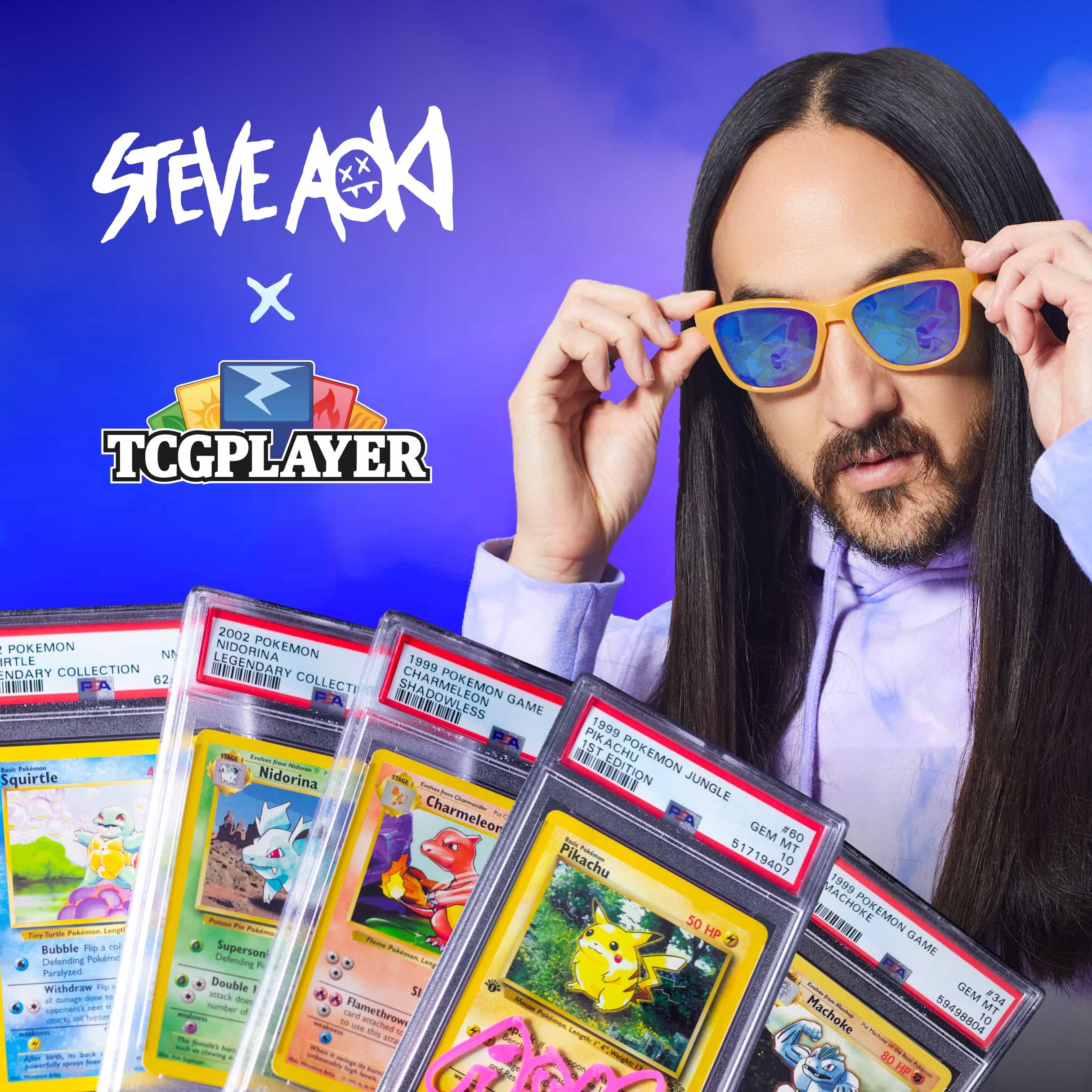 Steve Aoki x TCGplayer campaign ad featuring Steve Aoki and graded Pokémon cards neatly fanned in front of him.