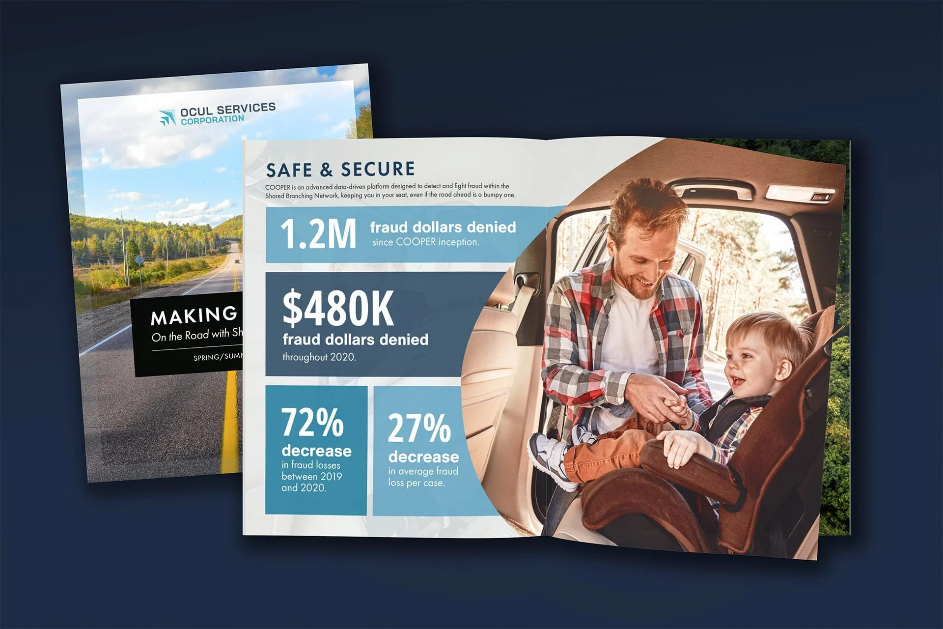Open infographic report featuring details on security statistics alongside imagery of a traveling family.
