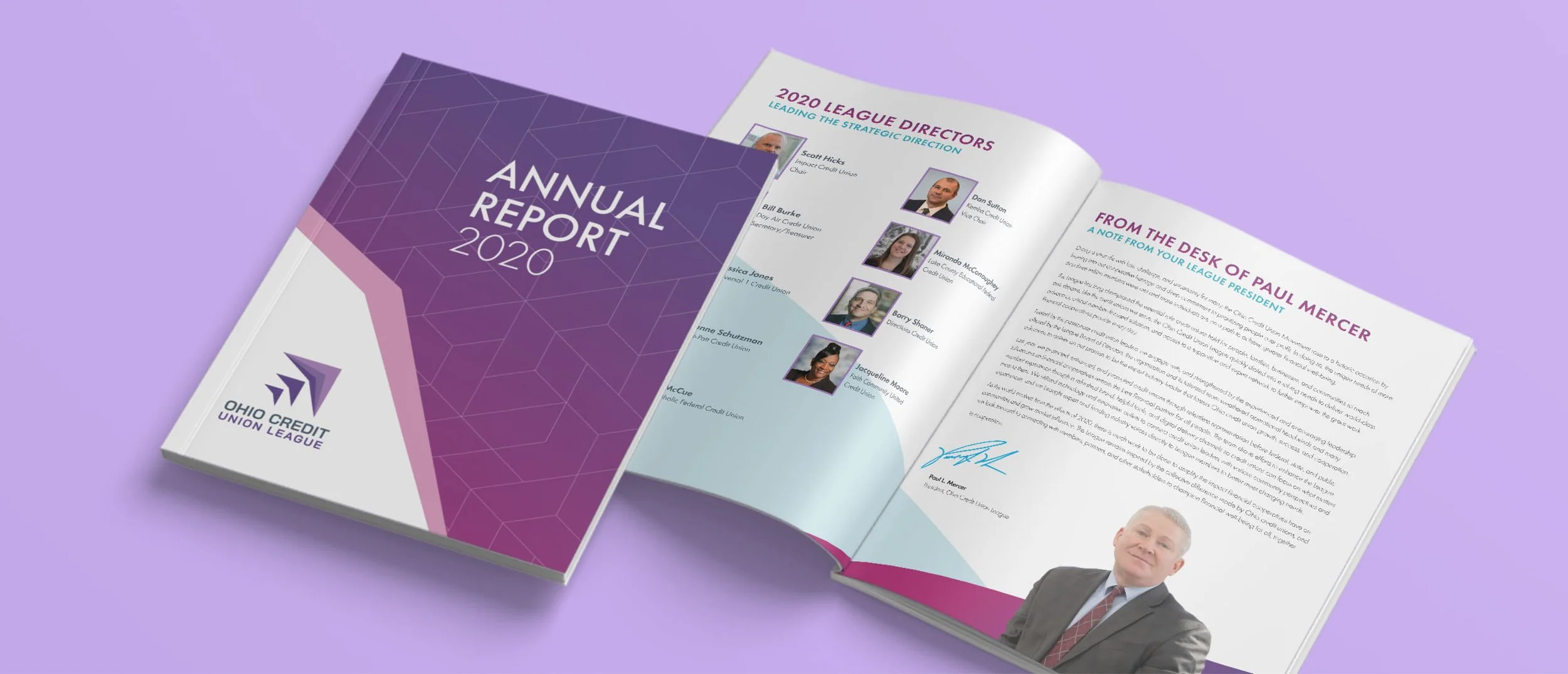 Open annual report for Ohio Credit Union League 2020, with a purple geometric cover and inside pages showing leadership team profiles and a message from the president.