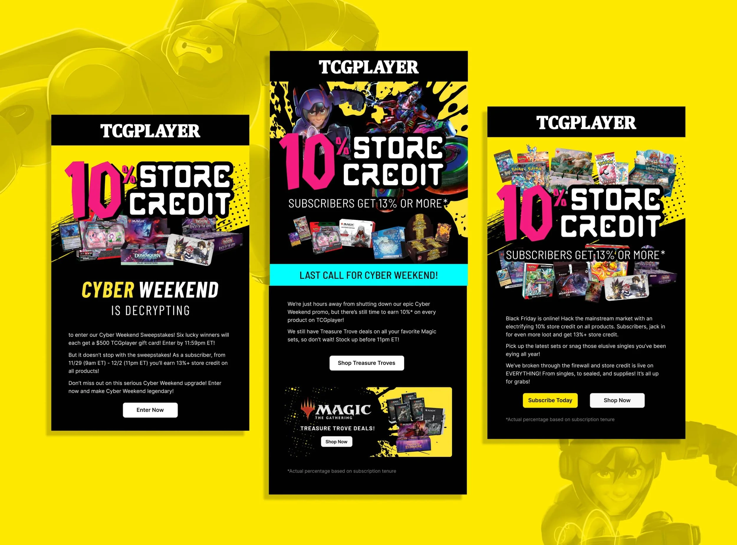 Various promotional banners for a cyber weekend sale on TCGPlayer, featuring discounts, special offers, and Magic: The Gathering merchandise, with bold text and game-related graphics.