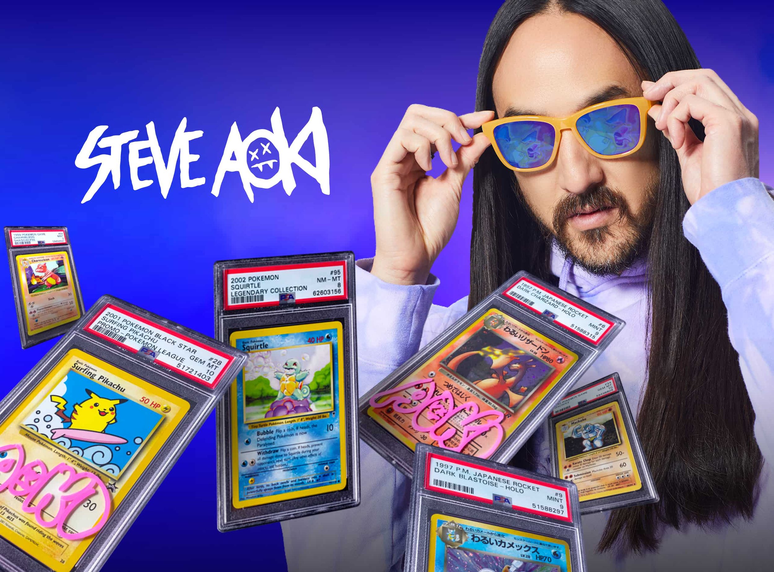 Steve Aoki wearing reflective sunglasses behind a levitating spread of graded Pokémon cards on a cool-toned gradient background.