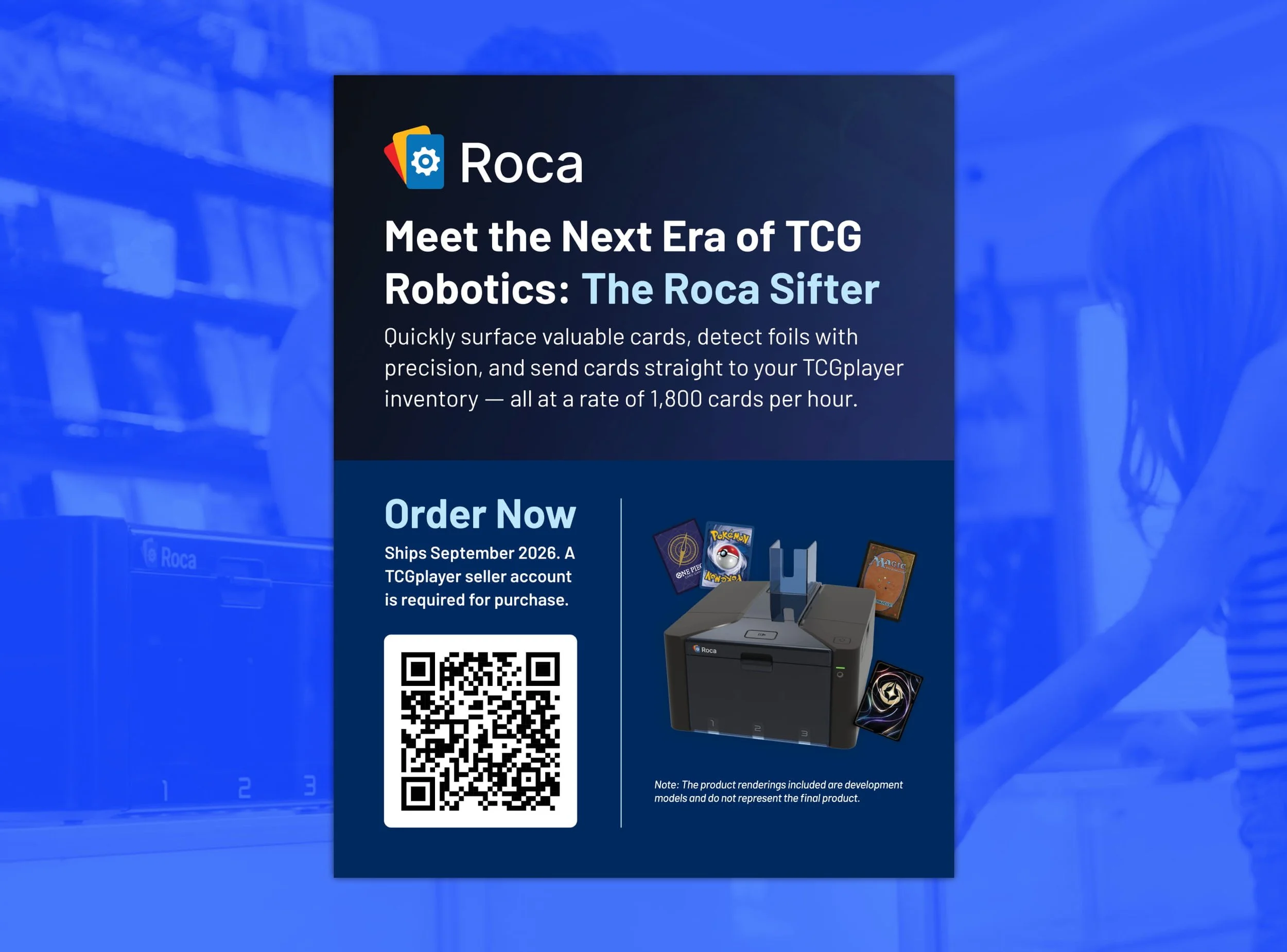 Roca tabletop sign introducing the Roca Sifter, with product rendering, key benefits, order information, and QR code.