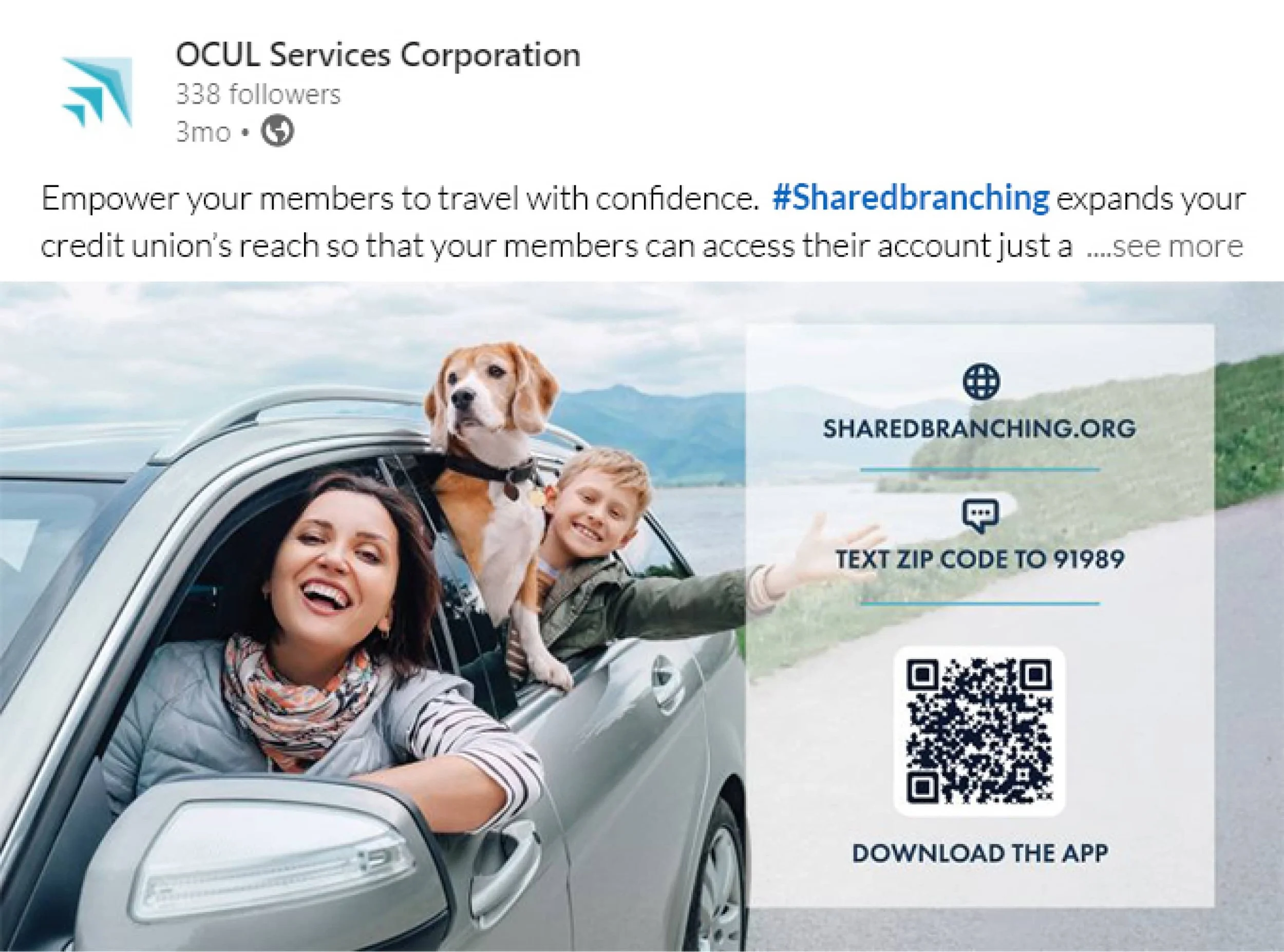 LinkedIn post featuring a woman, child, and dog riding in a car. A promotional overlay promotes Shared Branching, including a QR code and URL to download a locator app.