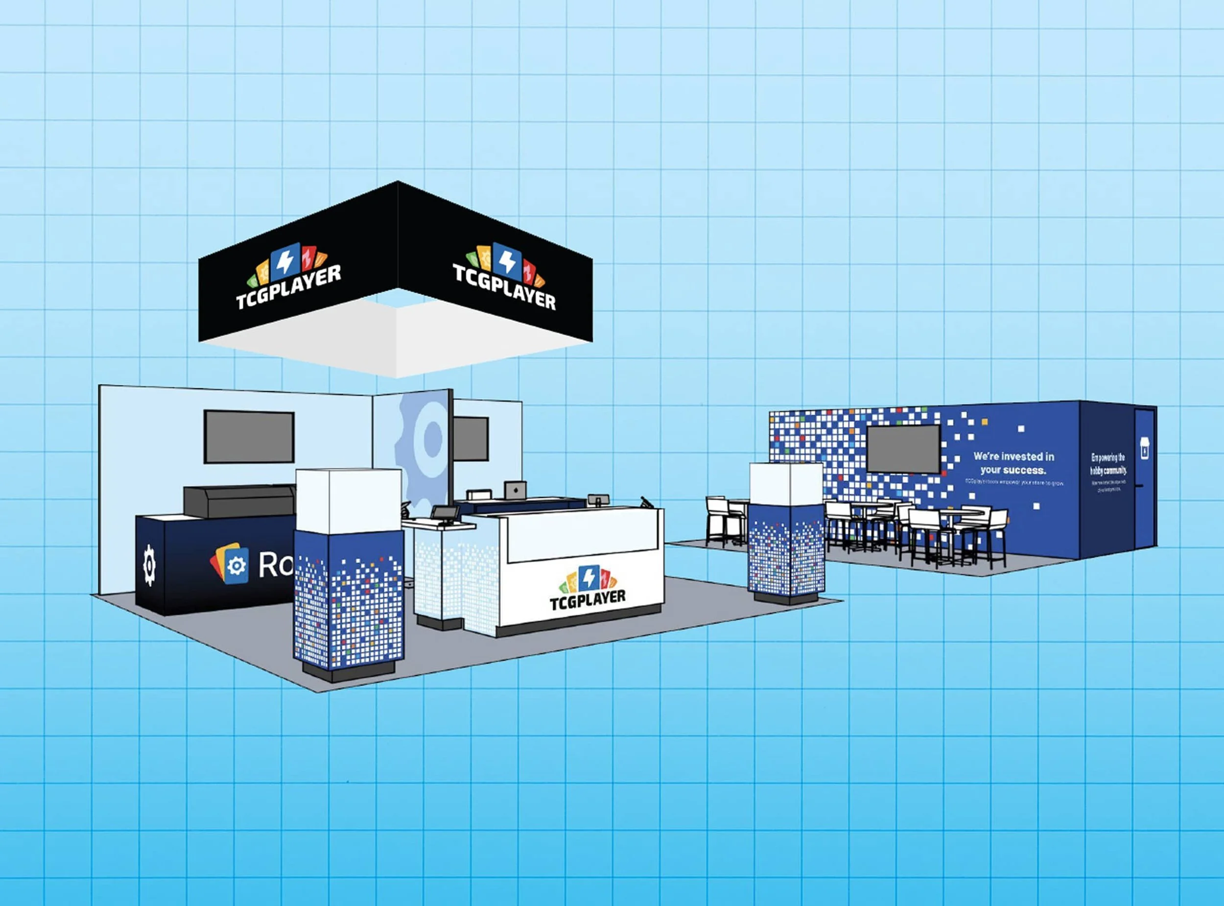 Rendered trade show booth design with branded counters, overhead signage, seating, and a pixel-design wall.