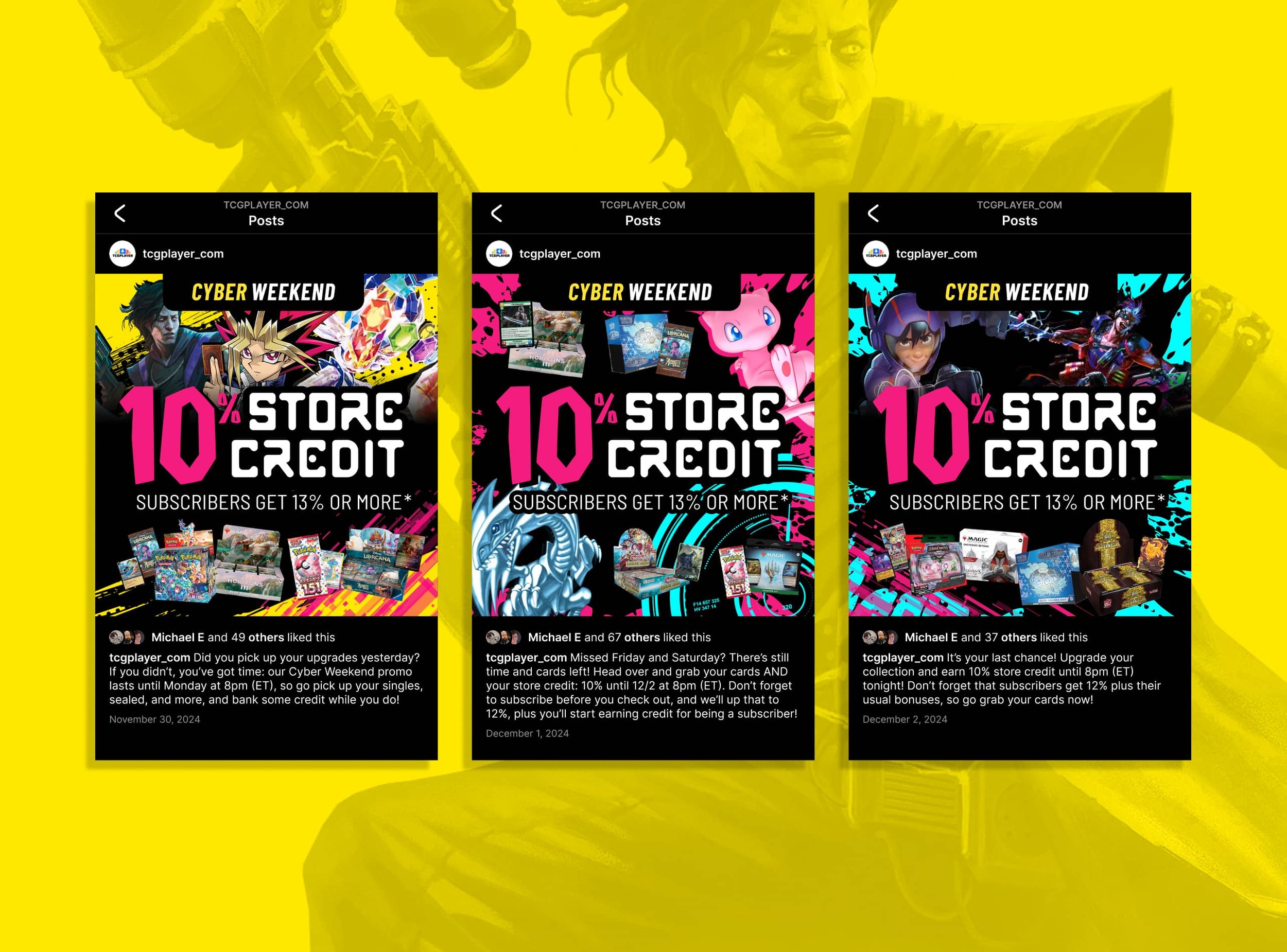 Three social media posts promoting a Cyber Weekend sale, each featuring different game merchandise and bold text offering 10% store credit for subscribers. The background is yellow and black with colorful gaming graphics.