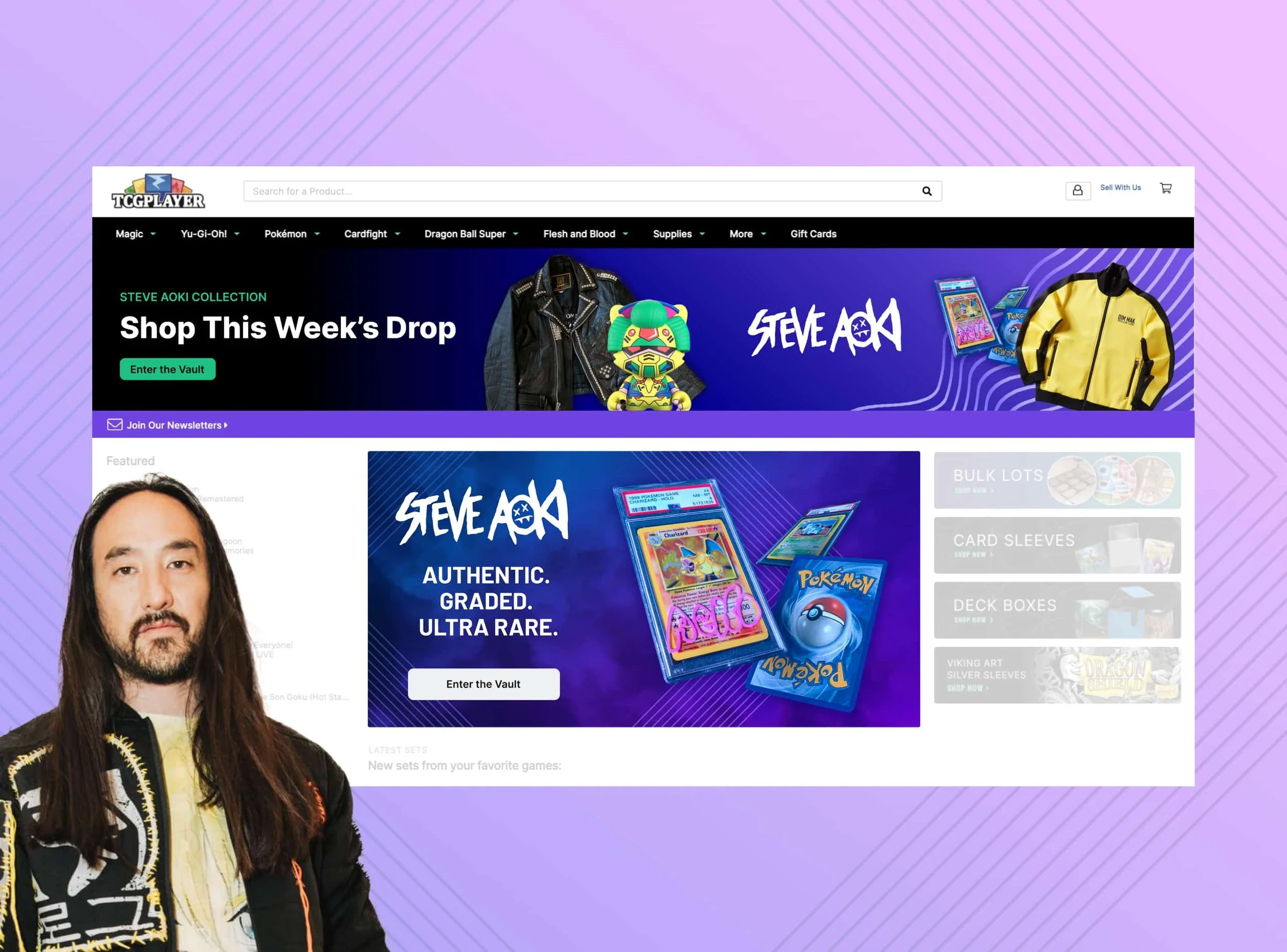 A marketplace homepage mockup of the live Steve Aoki campaign, featuring products such as signed Pokémon cards and a yellow Bruce Lee style jacket. Page portions irrelevant to this campaign have been greyed out for clarity.