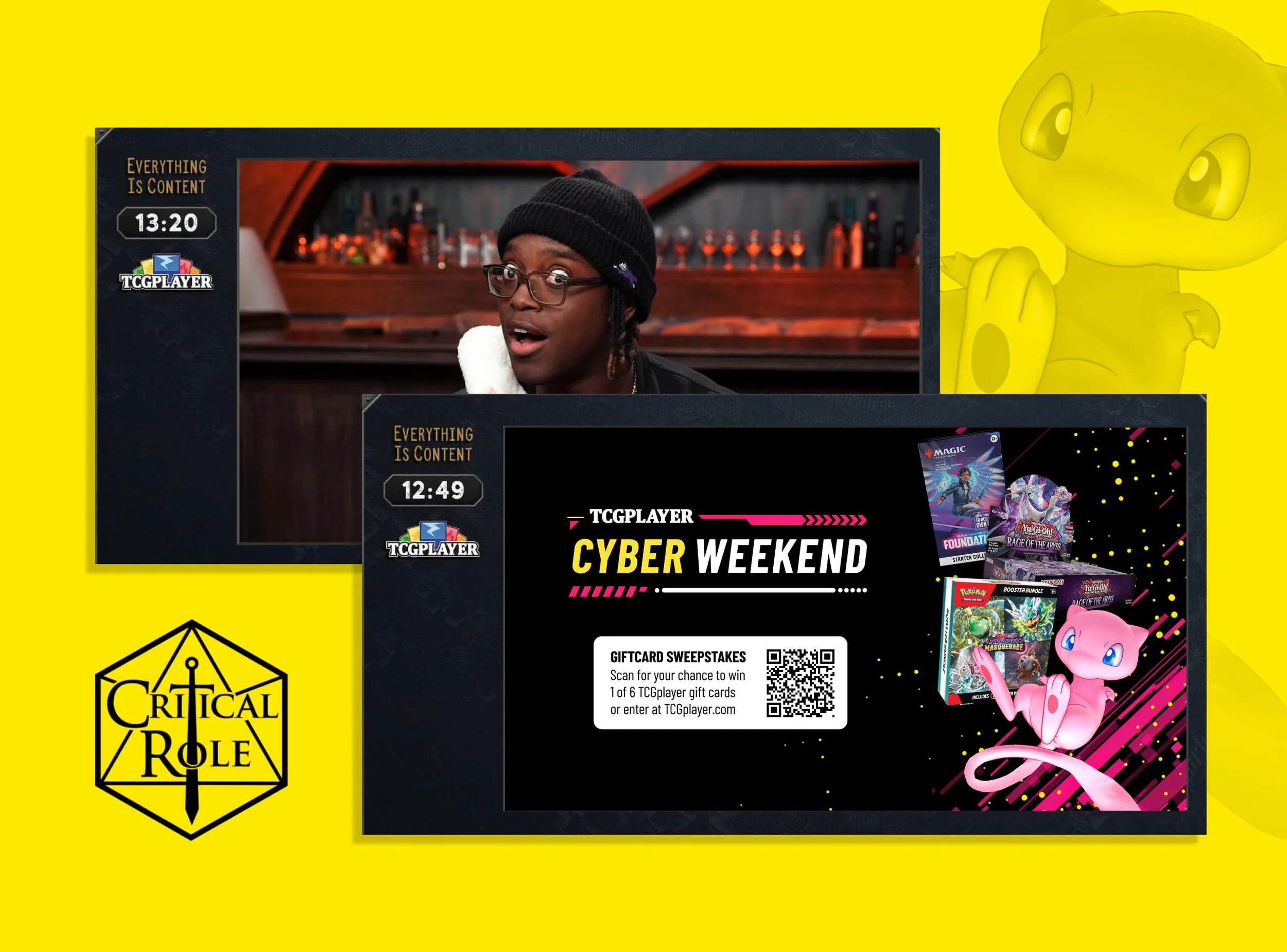 Various digital screens and advertisements for TCL Player Cyber Weekend sales, featuring colorful product images including Pokémon and Yu-Gi-Oh! trading cards, with a bright yellow background and Mew from Pokémon on the right.